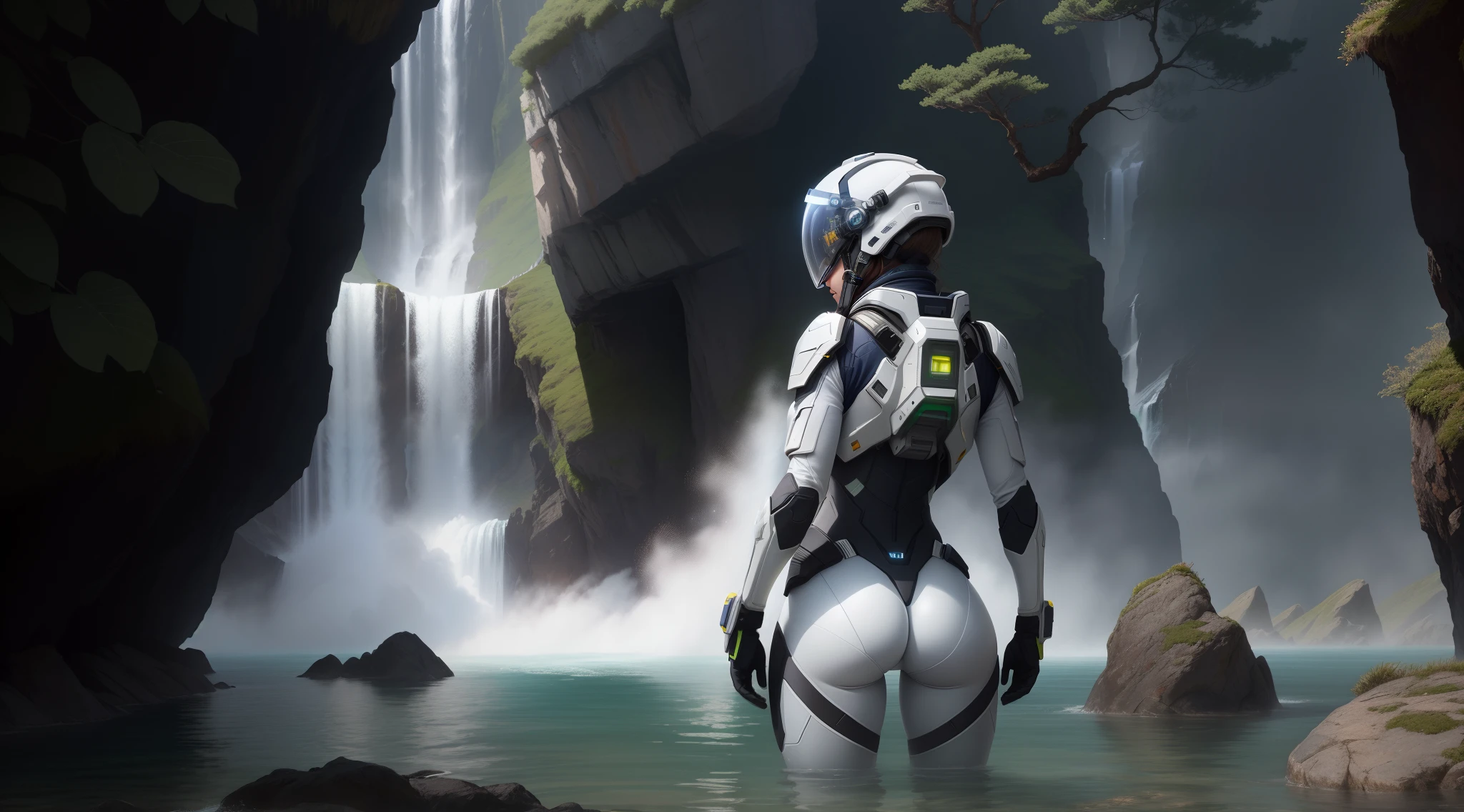 rear angle, Highly detailed RAW color Photo, Rear Angle, Full Body, of (female space soldier, wearing grey and white space suit, helmet, tined face shield, rebreather), outdoors, (looking up at waterfall, on alien planet), toned body, small butt, (sci-fi), (mountains:1.1), (lush green vegetation), (two moons in sky:0.8), (highly detailed, hyperdetailed, intricate), ((DAY TIME)), (lens flare:0.7), (bloom:0.7), particle effects, raytracing, cinematic lighting, shallow depth of field, photographed on a Sony a9 II, 50mm wide angle lens, sharp focus, cinematic film still from Gravity 2013, from behind, sexy pose, looking at a waterfall in front, alien landscape, small body, fit butt, tight suit, small booty