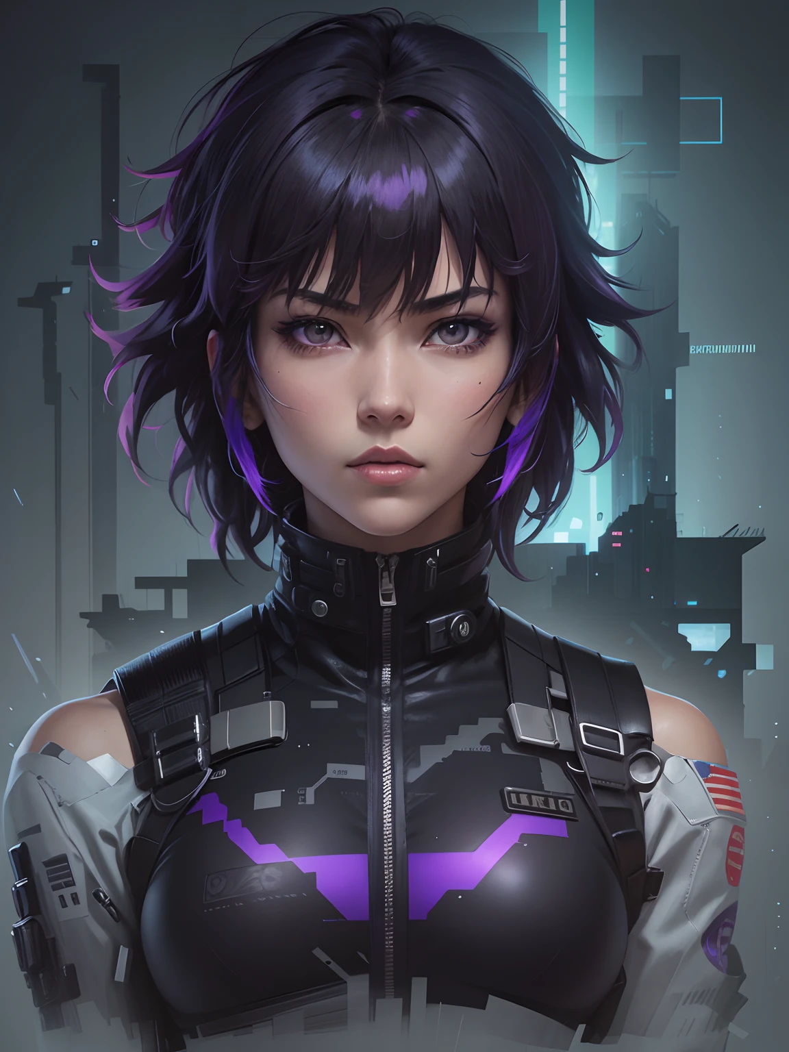 Motoko Kusanagi from the movie Ghost in the shell, full body shot, on top of a dark techno city skyscraper, bits of color, perfect face. Sketch book, full body in frame. hand drawn, art, minimalism. gritty, realistic sketch, Rough sketch, mix of bold dark lines and loose lines, bold lines, on paper, turnaround character sheet, female, Full body, matrix code symbols, runes, cyberpunk theme, A sporty woman with short purple hair on the back of her head and very long at the temples beautiful, handsome, She is dressed in a (big)) future sand colour japanese military jacket made of dense material. Black leggings and military boots, modest,