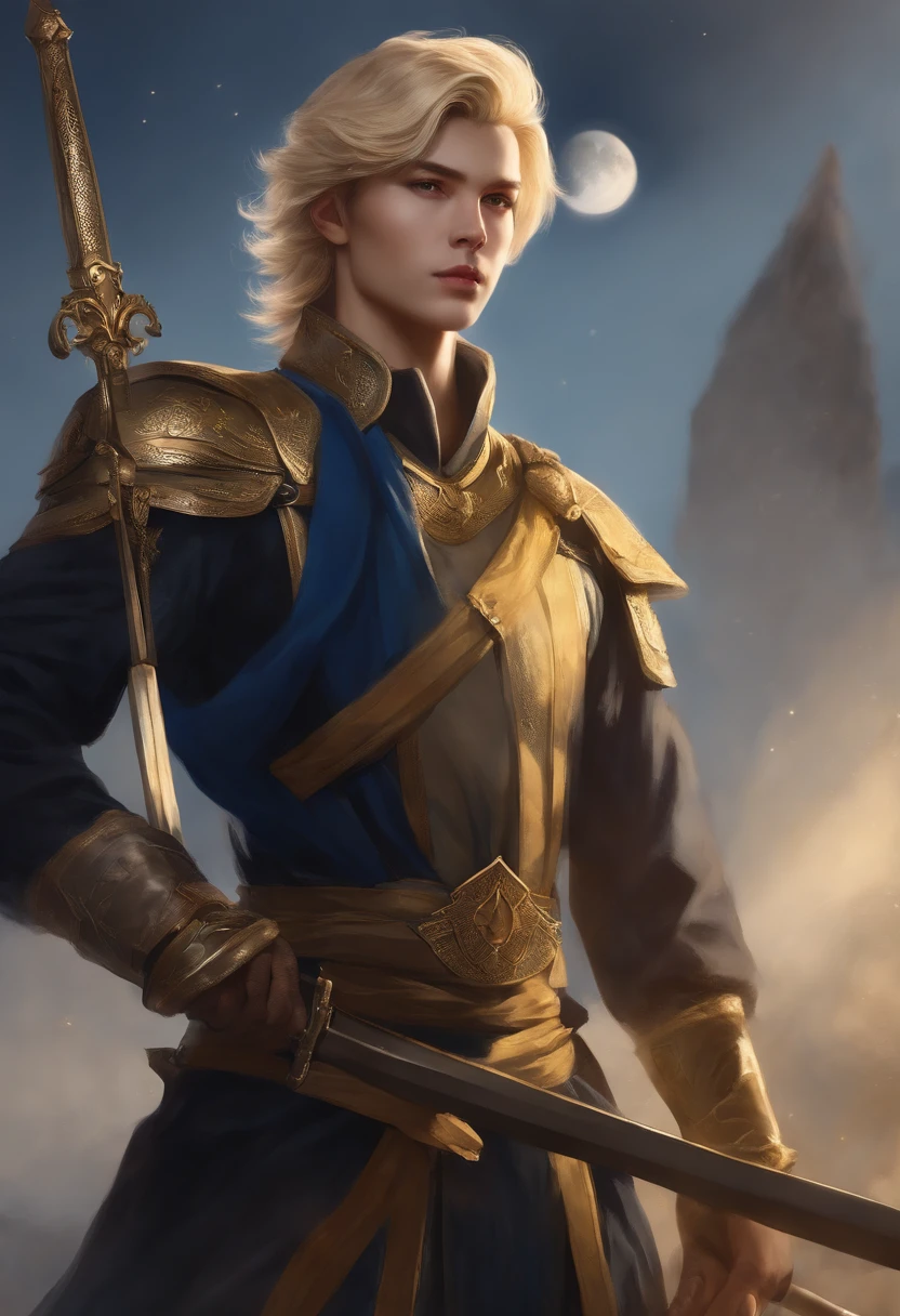 A handsome boy, Close-up of a man holding a sword and a sword, cheveux blonds, un foulard triangulaire jaune autour du cou, Un uniforme militaire noir, oreilles de renard hirsutes (particularly large), inspired by Yang Jin, Moon-themed costume, Astral witch costume, Blue-Gold Students, Slim Man Fantasy Alchimiste, corps complet adoptable