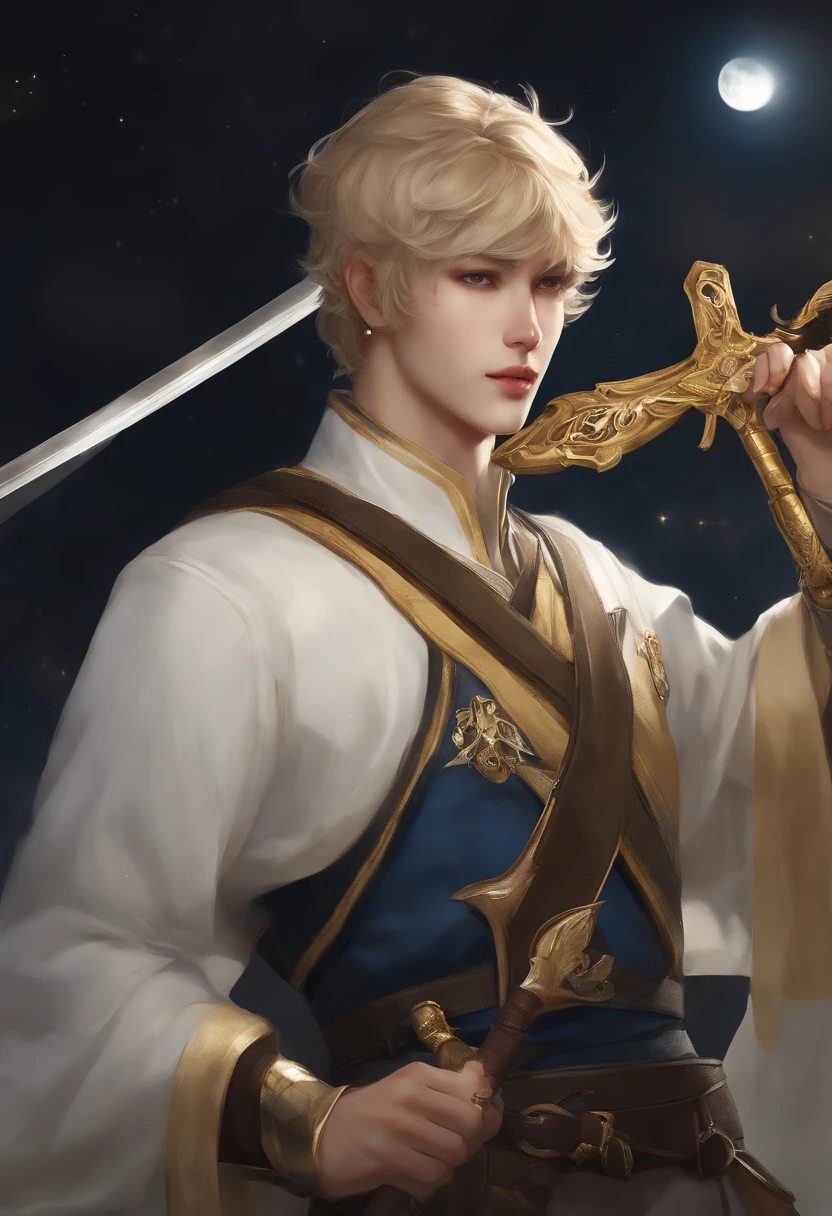 A handsome boy, Close-up of a man holding a sword and a sword, cheveux blonds, un foulard triangulaire jaune autour du cou, Un uniforme militaire ????, oreilles de renard hirsutes (particularly large), inspired by Yang Jin, Moon-themed costume, Astral witch costume, Blue-Gold Students, Slim Man Fantasy Alchimiste, corps complet adoptable