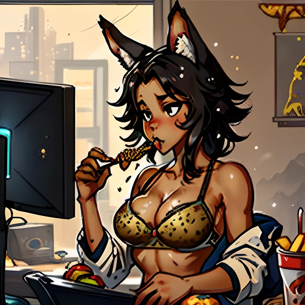 Small breast size anthro animal jackal in bra with tits spilling out, food particles on boobs, one boob out of bra, eating cheeseburger with fries, gaming on computer, apartment background