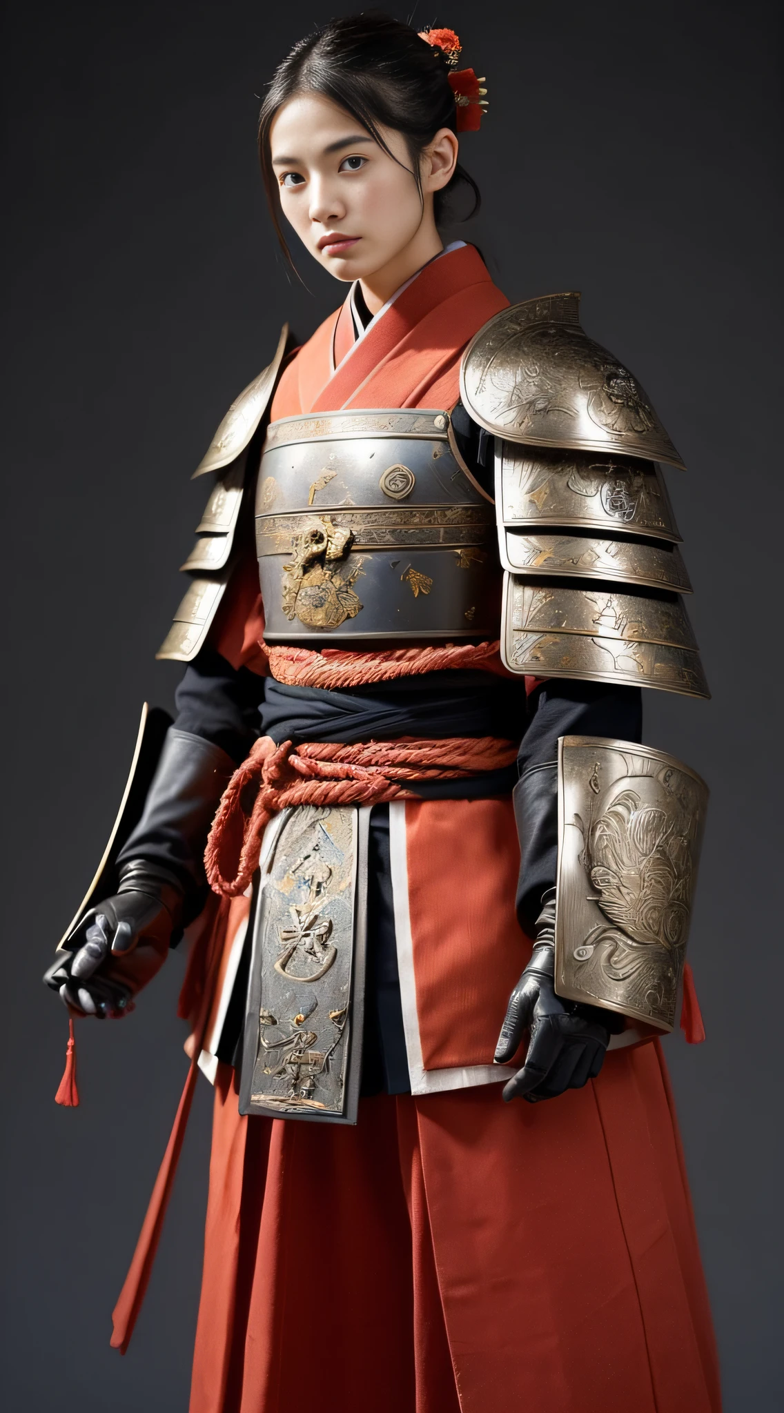 (((32ｋ,high detal,high-detail、​masterpiece,Attention to detail,full body Esbian,独奏,１teens girl))),Raw photo & realistic atmosphere,beautiful dark blue eyes,Detailed mouth,Detailed eyebrows,Shine in every detail,Eyes drawn in detail、Very beautiful eyes with azure eyes,Detailed lips、Infinite reality, ,Brave samurai of the Sengoku period, Smooth body１7 year old beautiful girl,Samurai of the Sengoku period of Japan,the whole body is wet,Red water dripping,with a flushed face,Tremendously beautiful１7-year-old Sengoku samurai beauty girl,（youthfulness,Sharp eyes,Serious beautiful look,Armor samurai of the Sengoku period,Sengoku armor,Armor of the Warring States Period,Black shiny hair,Chonmage,showing your whole body,Detailed crisp armor,Beautiful luxurious Sengoku armor,Armoured pockets,torso,small hand,Sandals,Shoulder to shoulder,Sengoku Warlord,Sengoku Daimyo,A beautiful girl who was strongly influenced by Ranmaru Mori,The image of the whole body shining,Beautiful girl pretending to be a boy：1.8）