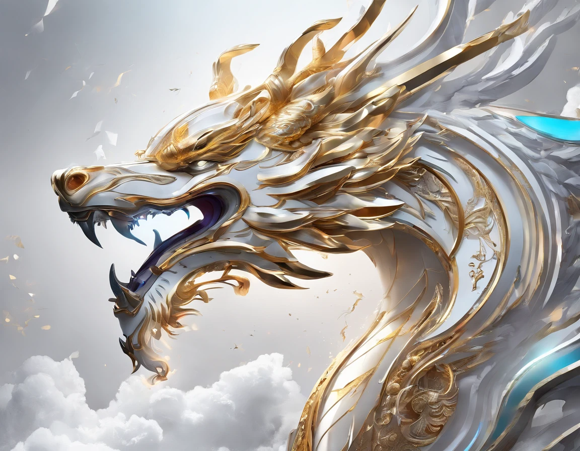 A logo、​masterpiece、(white backgrounid:1)、Golden Chinese dragon surrounded by white clouds、Deities々Halo、the wind、Deities、long wavy body、tusk、The upper part of the body、Fantasia、myth、hightquality、ighly detailed、​masterpiece、epic poem、Particle effect、Dynamic effects