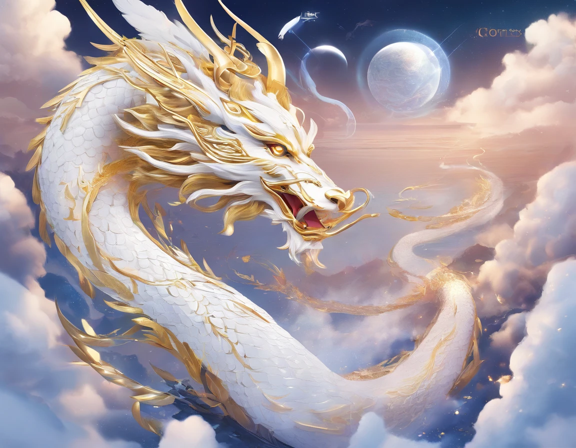 A logo、​masterpiece、(white backgrounid:1)、Golden Chinese dragon surrounded by white clouds、Deities々Halo、the wind、Deities、long wavy body、tusk、The upper part of the body、Fantasia、myth、hightquality、ighly detailed、​masterpiece、epic poem、Particle effect、Dynamic effects