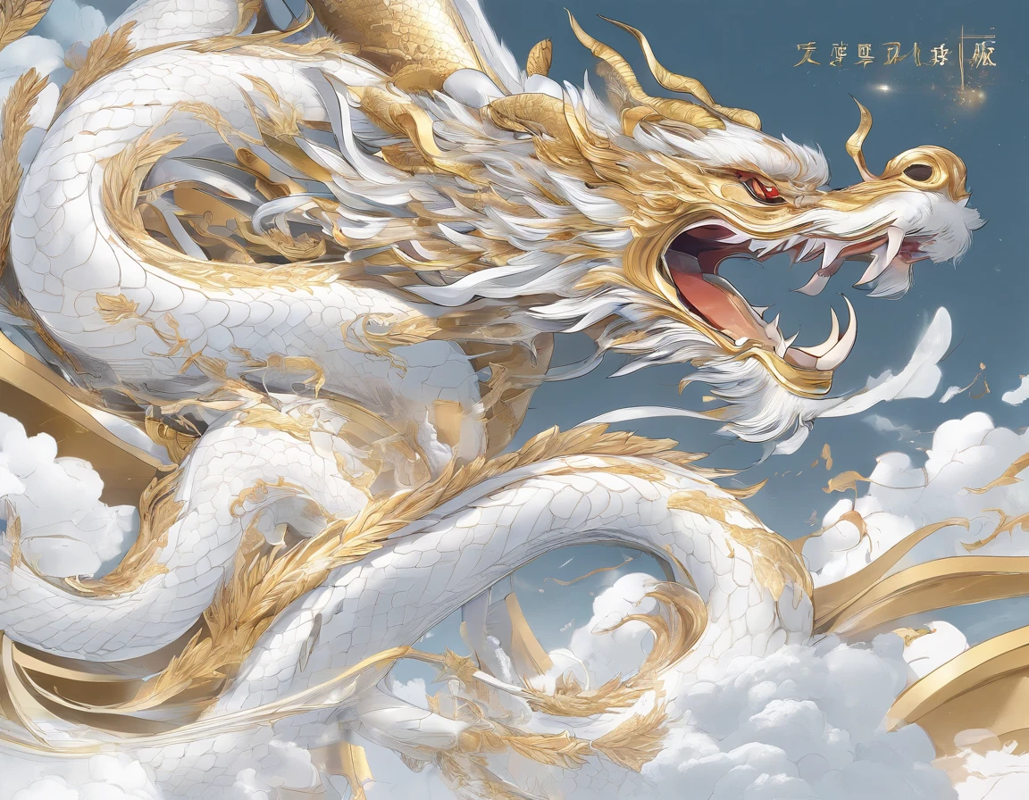 logo、masterpiece、(White background:1)、Golden Chinese dragon surrounded by white clouds、god々々Hello、Wind、god々、Long undulating body、tooth、Upper body、Fantasy、god話、high quality、Very detailed、masterpiece、narrative poem、Particle Effects、Dynamic Effects