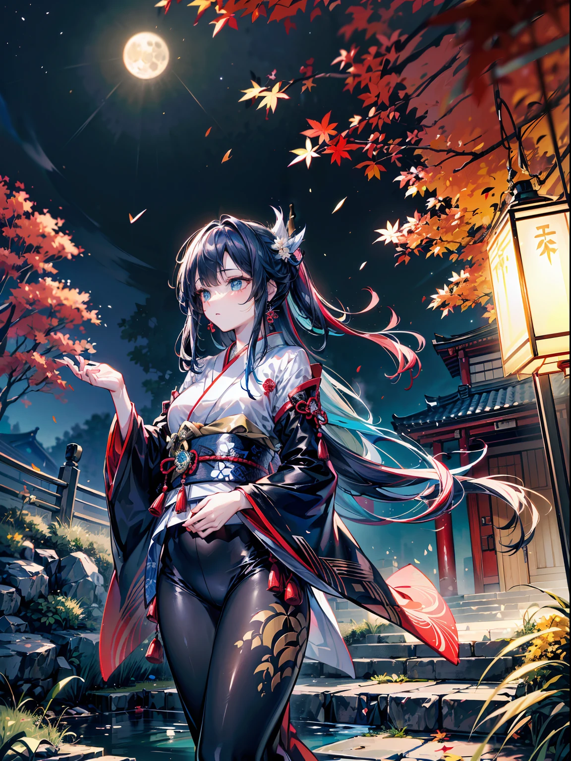 (Landscape photo, with a woman in the bottom right of photo:1.5, in autumn:1.5, Japanese pampas grass:1.5), Masterpiece, best quality, (very detailed CG unity 8k wallpaper), (best quality), (best illustration), (best shadows), luminous sprite, mountain stream, (ancient Chinese architecture), natural elements in a grassland theme. Night Mysterious field, beautiful night grassland, stone steps, stone bridge, night nature surrounded by night flowers, leaves and red branches surrounded by fireflies (natural elements), (night blackout), (night dark sky), (night grassland theme), (red glowing grass), (leaves), (branches), (red fireflies), (particle effects), 3D, dark background, Octane rendering, ray tracing, super detail, night, moon, (ultra high resolution:1.3, 8K RAW photo, photo realistics:1.2, thin outline:1.37), turquoise and deepgreen medium hair, updo, (The deep navyblue clothes is embellished with gold detailed flower ornaments), milf, Beautiful matured girl, (fine detailed beautiful eyes, looking away), a woman in a pale blue clothes and gold ornaments, Anime, a beautiful fantasy character, stylish illustration, woman at bottom right of frame, genshin style,