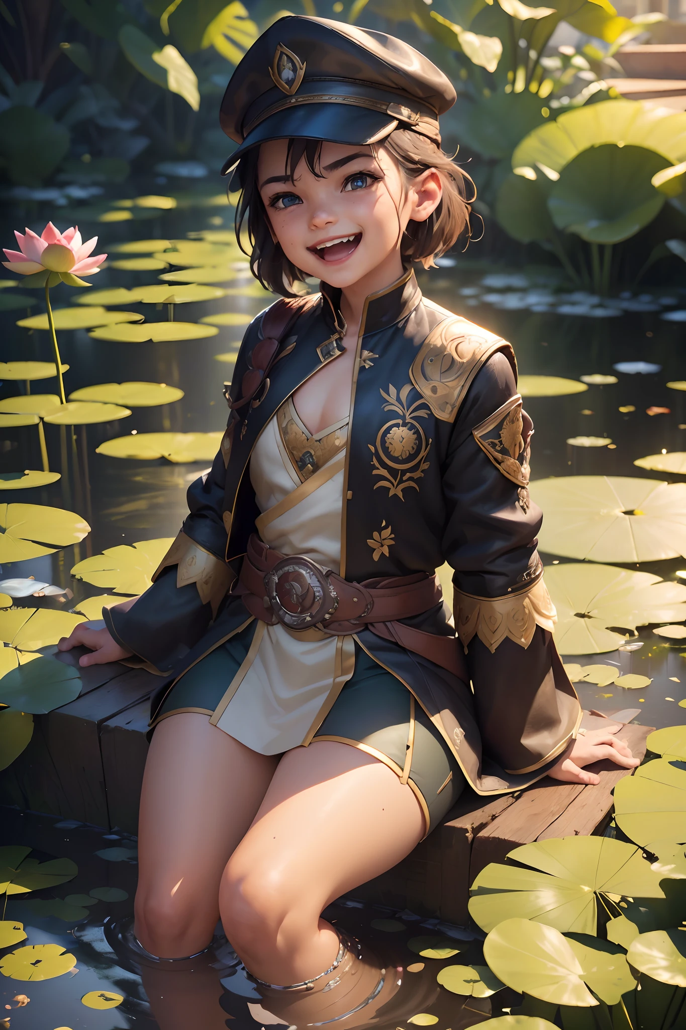 photore (TCr3ws:1), of a guy, (big laughter:1.3), (Face focus), ModelShoot style, (Extremely detailed Cg Unity 8K wallpaper), Intricate, High detail, Sharp focus, Dramatic, photorealistic painting art by midjourney and greg rutkowski , (Next to the lotus pond), (wear cap:1.1), (Detailed pupils:1.2), (dynamicposes:1.2),(closeup cleavage:1.1)