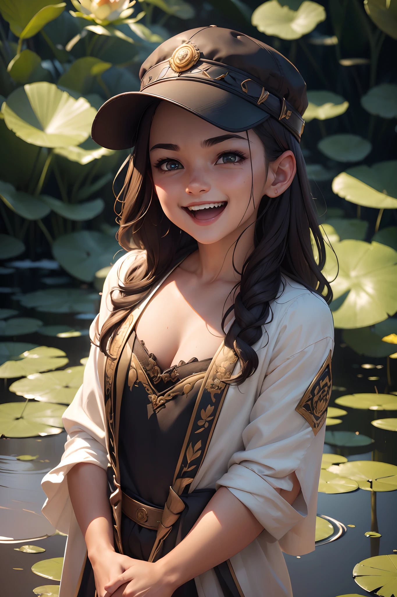 photore (TCr3ws:1), of a guy, (big laughter:1.3), (Face focus), ModelShoot style, (Extremely detailed Cg Unity 8K wallpaper), Intricate, High detail, Sharp focus, Dramatic, photorealistic painting art by midjourney and greg rutkowski , (Next to the lotus pond), (wear cap:1.1), (Detailed pupils:1.2), (dynamicposes:1.2),(closeup cleavage:1.1)