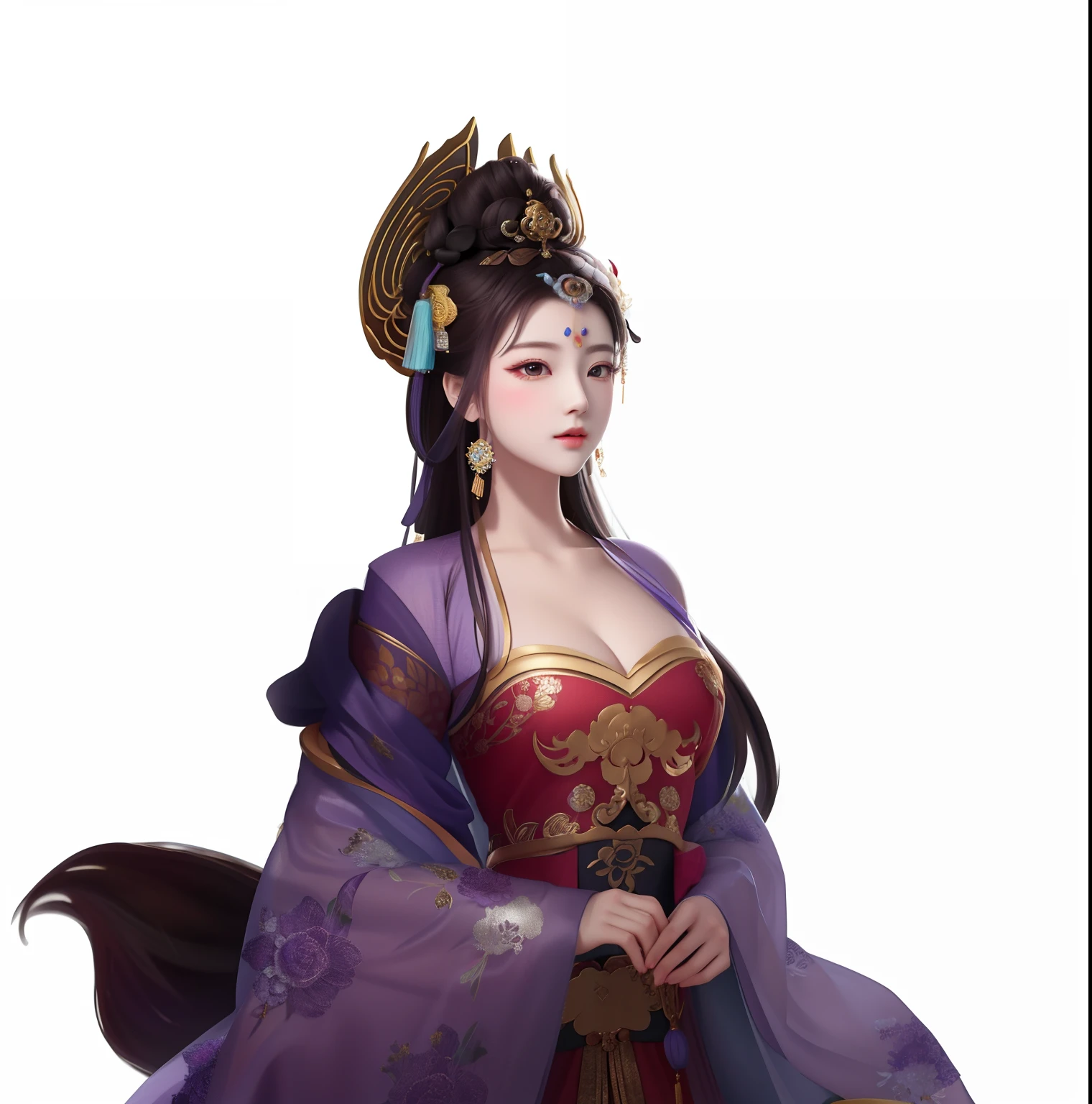 One wearing a purple dress，The woman in the crown holds a fan, a beautiful fantasy empress, inspired by Ju Lian, Inspired by Lan Ying, Beautiful character painting, chinese empress, Princesa chinesa antiga, China Princess, author：Yang Borun, an ancient Chinese goddess, Beautiful rendering of the Tang Dynasty, inspired by Park Hua, Guviz, by Yang J, Inspired by Li Tang