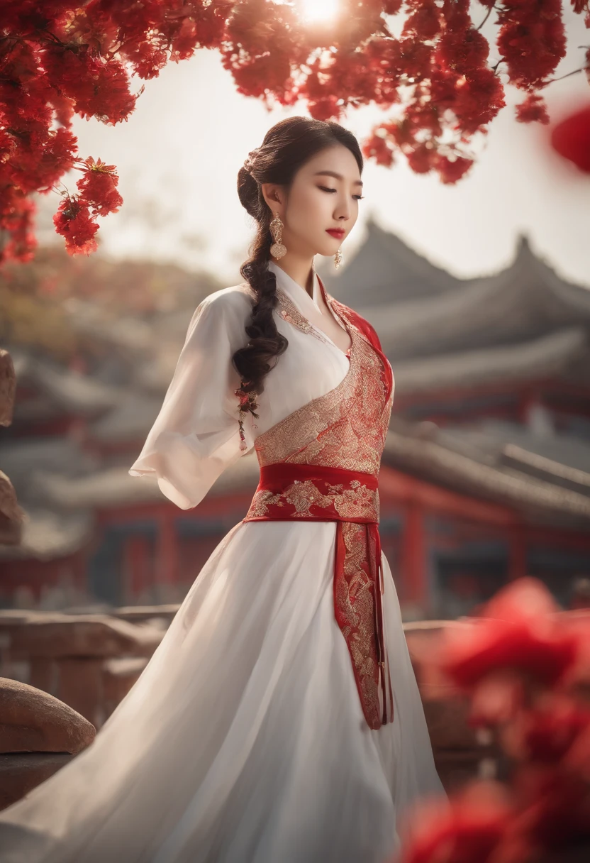 zhongfenghua, 1girll, Tik, Hanfu, Antique_China_architecture, flower  field, Floral, (White smoke:1.3) (photorealistic portrait:1.4), zentangle, mandalas, entangle, offcial art, Unity 8k壁纸, Hyper-detailing, Beautiful and beautiful, Masterpiece,best qualtiy, (dynamic angle:1.4), glistning skin, (Colorful sparks float:1) The most beautiful forms of chaos, elegant, Fauvistdesign, vivd colour, Exotic romance, Depth of field._Dance, Red flowers