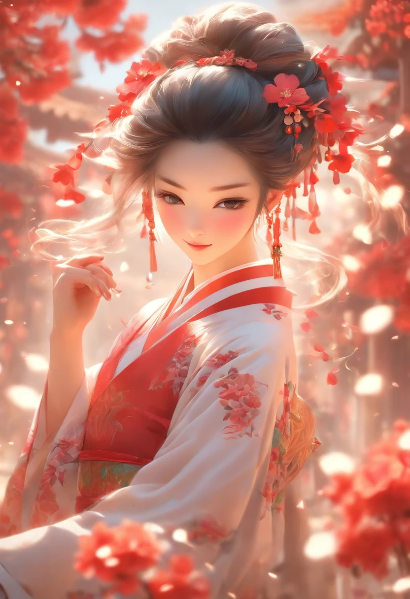 zhongfenghua, 1girll, Tik, Hanfu, Antique_China_architecture, flower field, Floral, (White smoke:1.3) (photorealistic portrait:1.4), zentangle, mandalas, entangle, offcial art, Unity 8k壁纸, Hyper-detailing, Beautiful and beautiful, Masterpiece,best qualtiy, (dynamic angle:1.4), glistning skin, (Colorful sparks float:1) The most beautiful forms of chaos, elegant, Fauvistdesign, vivd colour, Exotic romance, Depth of field._Dance, Red flowers
