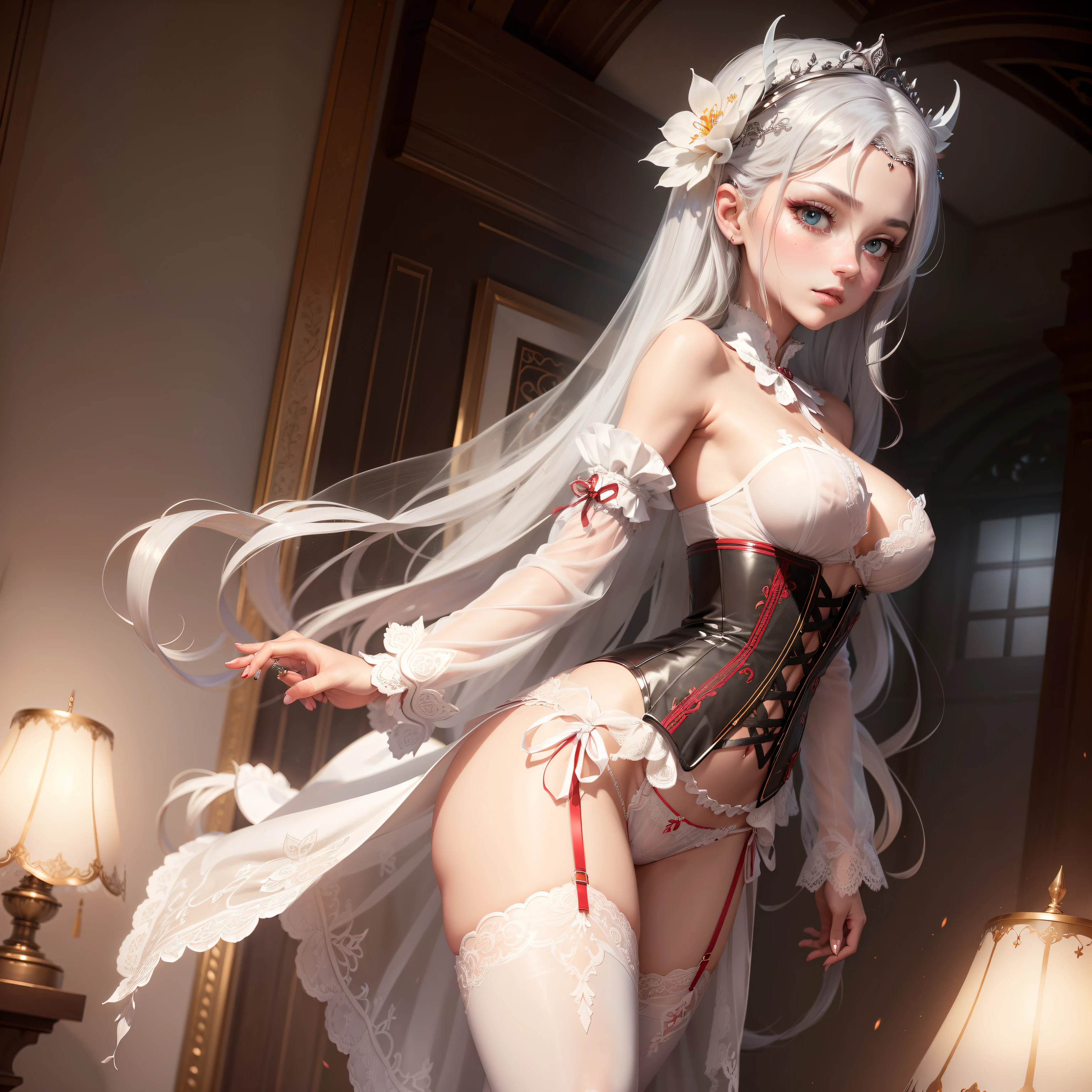 ((the Extremely Detailed CG Unity 8K Wallpapers)), masutepiece, Ultra-detailed, floating, High resolution, Sexually suggestive, (Petite, ridiculously long gray hair, Princess, White Devil Taoism, Blue eyes, (White and red see-through gorgeous panties、Long sleeves and intricate embroidery), Bridal Veil, circlet, bridal gauntlets, Blushing, Shy,Glamorous see-through corset,Skinny Legs,White panty,