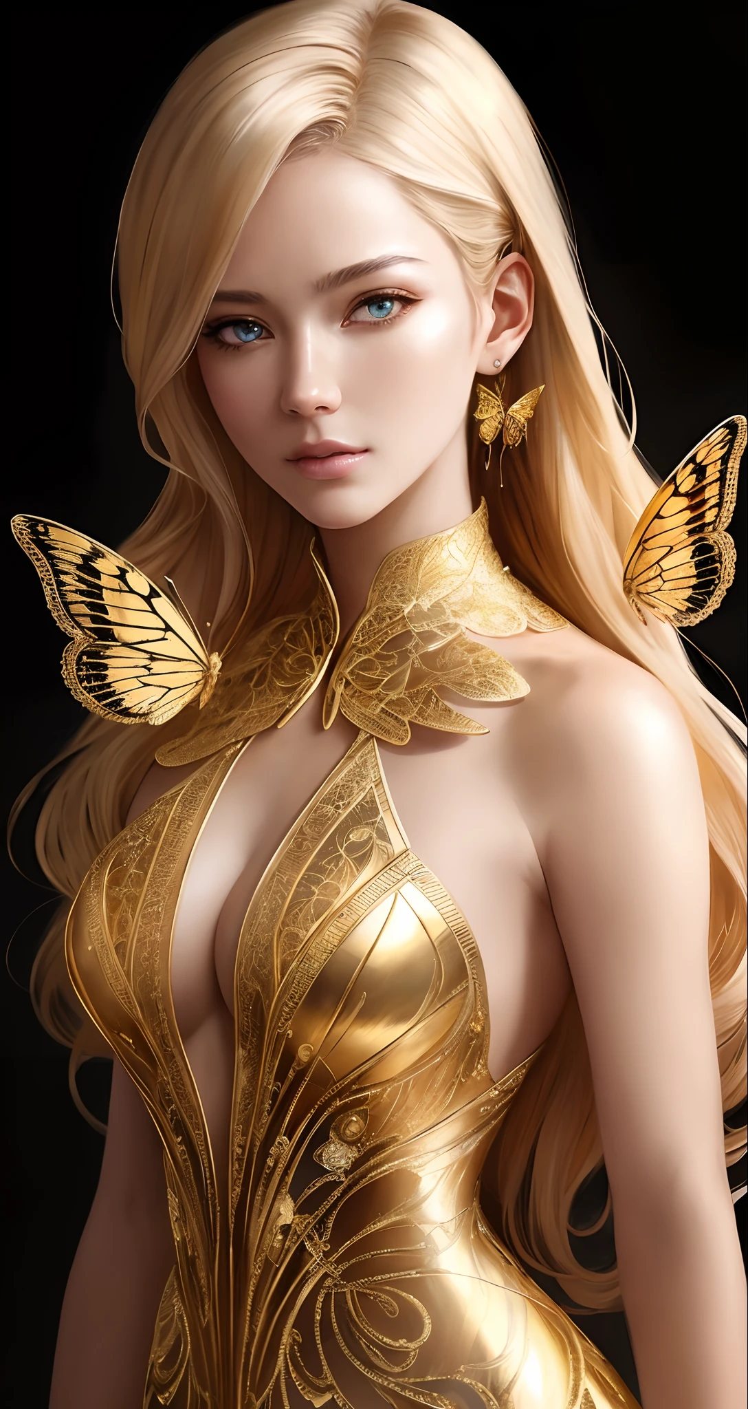 Masterpice, 8k portrait of a beautiful cyborg with blonde hair, intricate, elegant, highly detailed, majestic, digital photography, art by artgerm and ruan jia and greg rutkowski, surreal filigree golden butterfly painting, broken glass (masterpiece, side lighting, beautiful eyes finely detailed: 1.2 ), hdr,