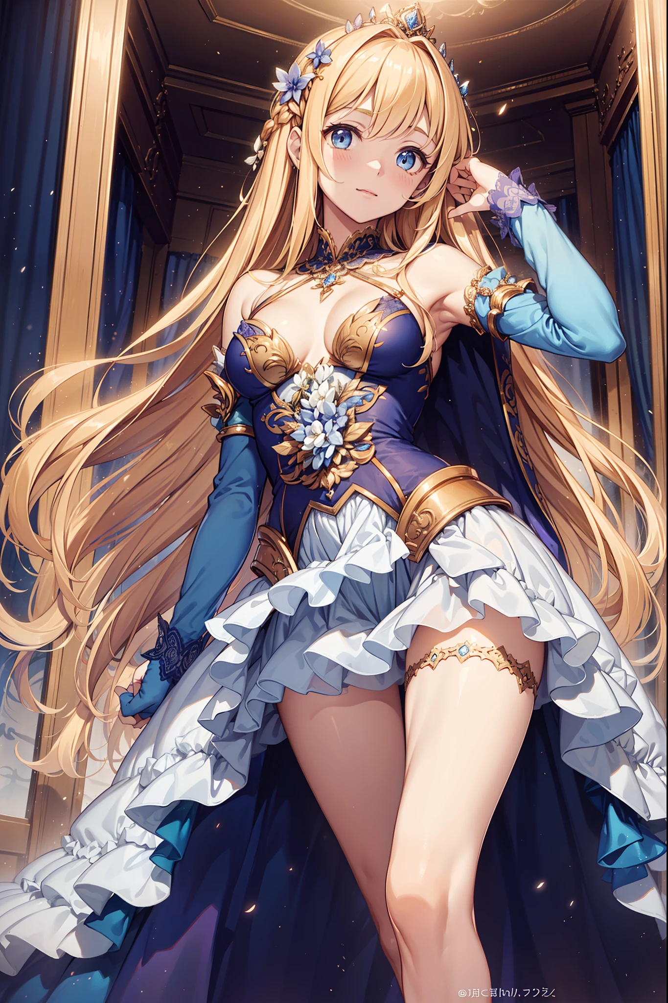 s girl,Enchanted,divino,Being in love,Seductive pose,(Yellow and white princess dress:1.2),blond hairbl,eBlue eyes,Maximalism,Multiple layers of delicate ruffles,Lots of lace,delicate accessories,Delicate pattern,(exquisite costumes:1.1),Princess Crown,see-through transparent clothes,A small number of dark blue-white patterns,A small amount of lilac cloth,Beautiful detailed face,Bedroom scene in Western mythology,Movie lighting,the night,solo person,(Flowing skirt:1.1),metal decoration,Lace,(Shine:1.2), (Best quality), (Masterpiece:1.2),
