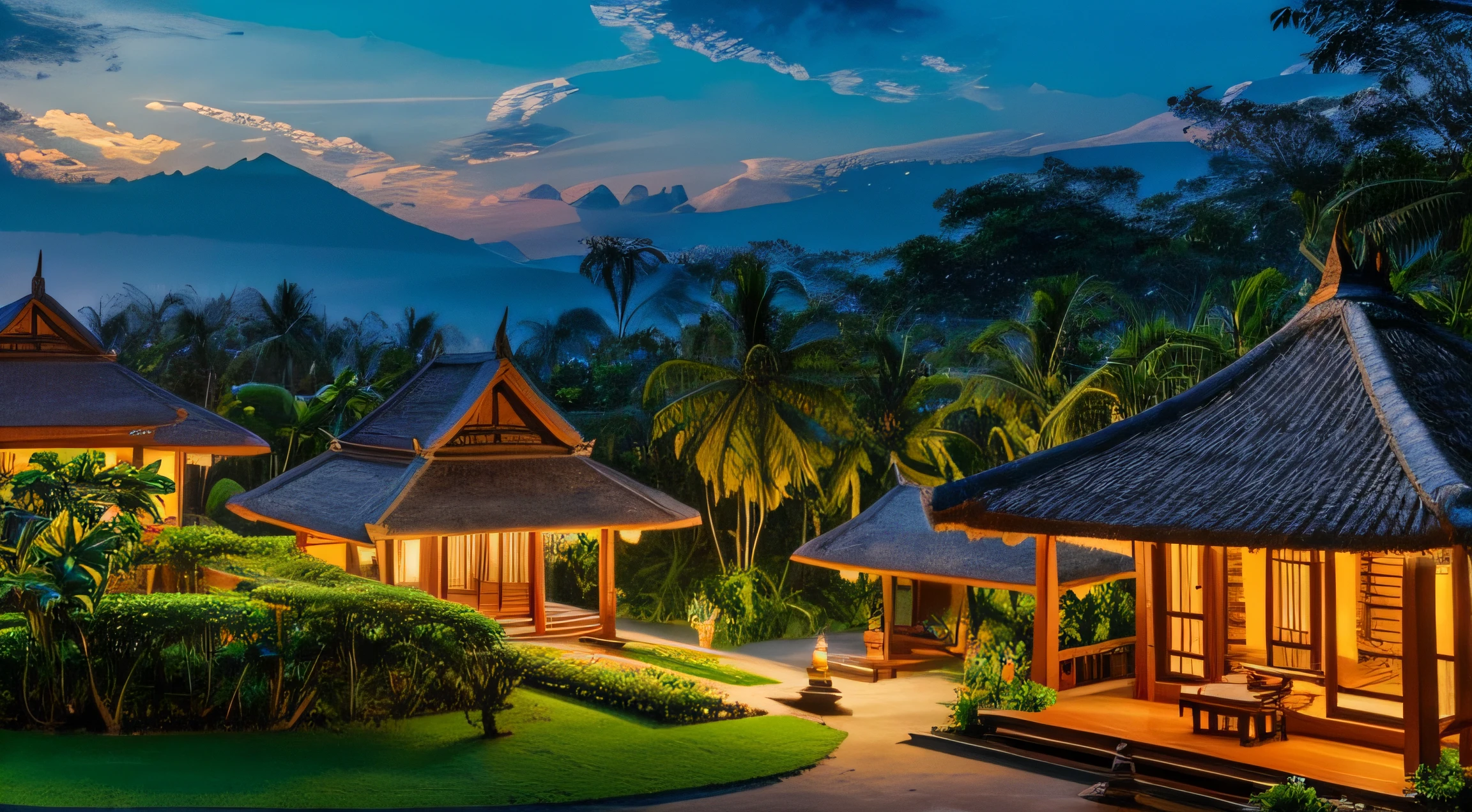 A balinese village at dusk with a volanoe in the background in the style of Van Gogh, ultrarealistic, temples, forest