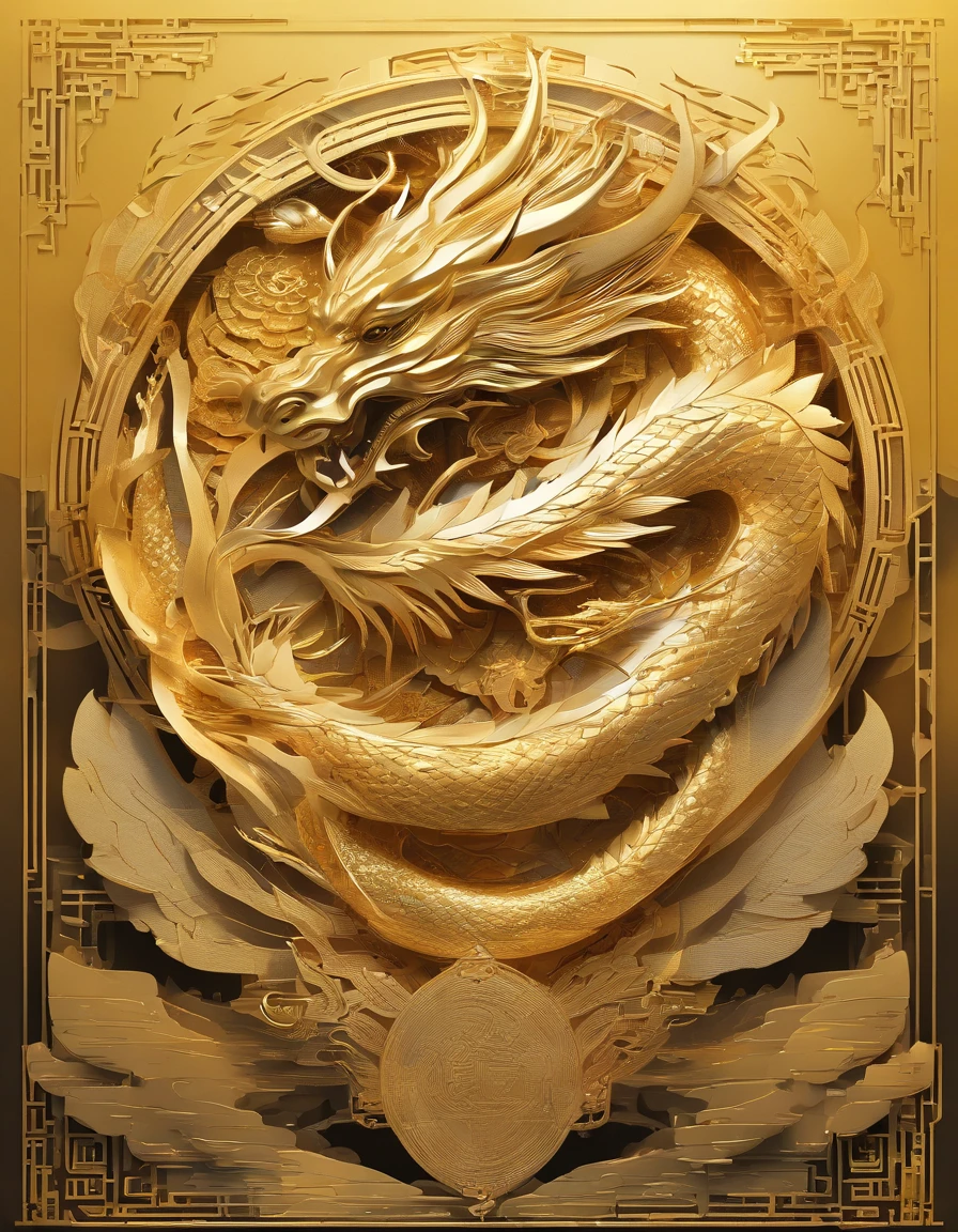 A logo、​masterpiece、(Gold background:1)、Golden Chinese Dragon、Deities々Halo、the wind、Deities、long wavy body、tusk、The upper part of the body、Fantasia、myth、hightquality、ighly detailed、​masterpiece、epic poem、Particle effect、Dynamic effects