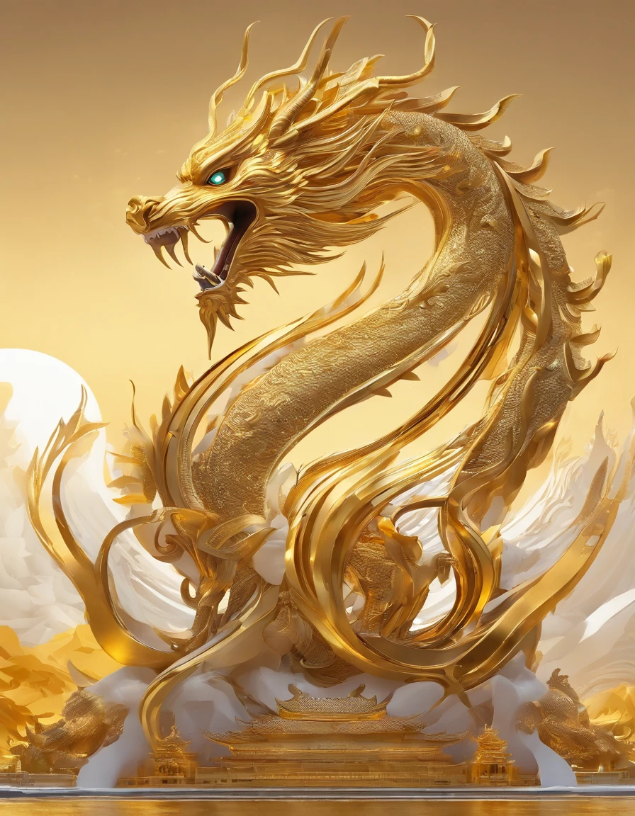 a close up of a Golden Dragon with blue eyes on a white surface, 8k high quality detailed art, Highly detailed digital art in 4K, Golden Dragon, Detailed digital 3D art, Rainbow color Chinese dragon fantasy, Chinese dragon concept art, 4K Detailed Digital Art, Complex and gorgeous anime CGI style, Detailed painting 4k, Chinese Silk 3D Dragon