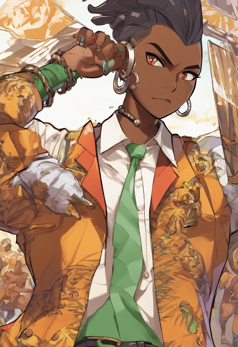 A close-up of a dark-skinned person wearing fancy clothing consisting of a brown jacket with jaguar patterns with a white tank top underneath, dark grey jeans with black belt at the waist and brown shoes with gold toe cap. He also wears two necklaces of gold chains in his neck and a long necklace with three black pendants rounded in the center.. African-American character in tekken, dark green eyes, coiffure undercut, Gros plan mi-corps, personnage masculin, single character full body, full body shot hyperdetailed, style de miroir\bord de, Style Kentaro Miura, Rendu demi-corps,, Highly detailed half-body, Portrait de demi-corps pris