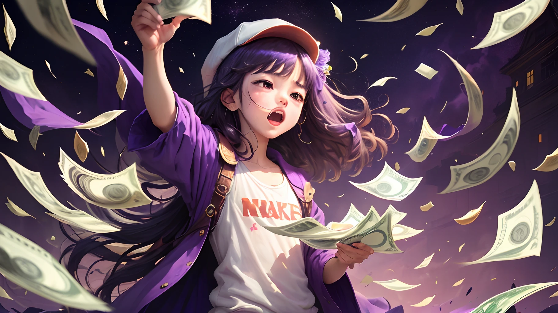 night with purple background with various money thrown to the sky