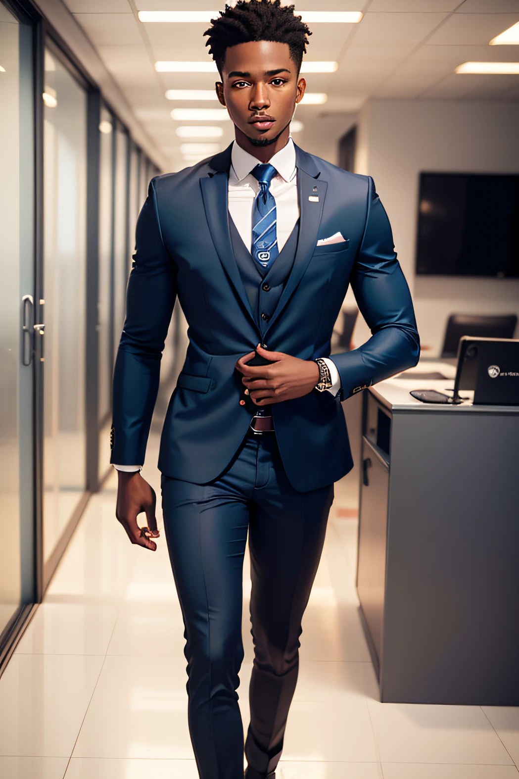 A young black man in braids, in a suit in a courtroom, ready for a trial in court, standing looking forward, with earrings in both ears, with jewels on his wrist