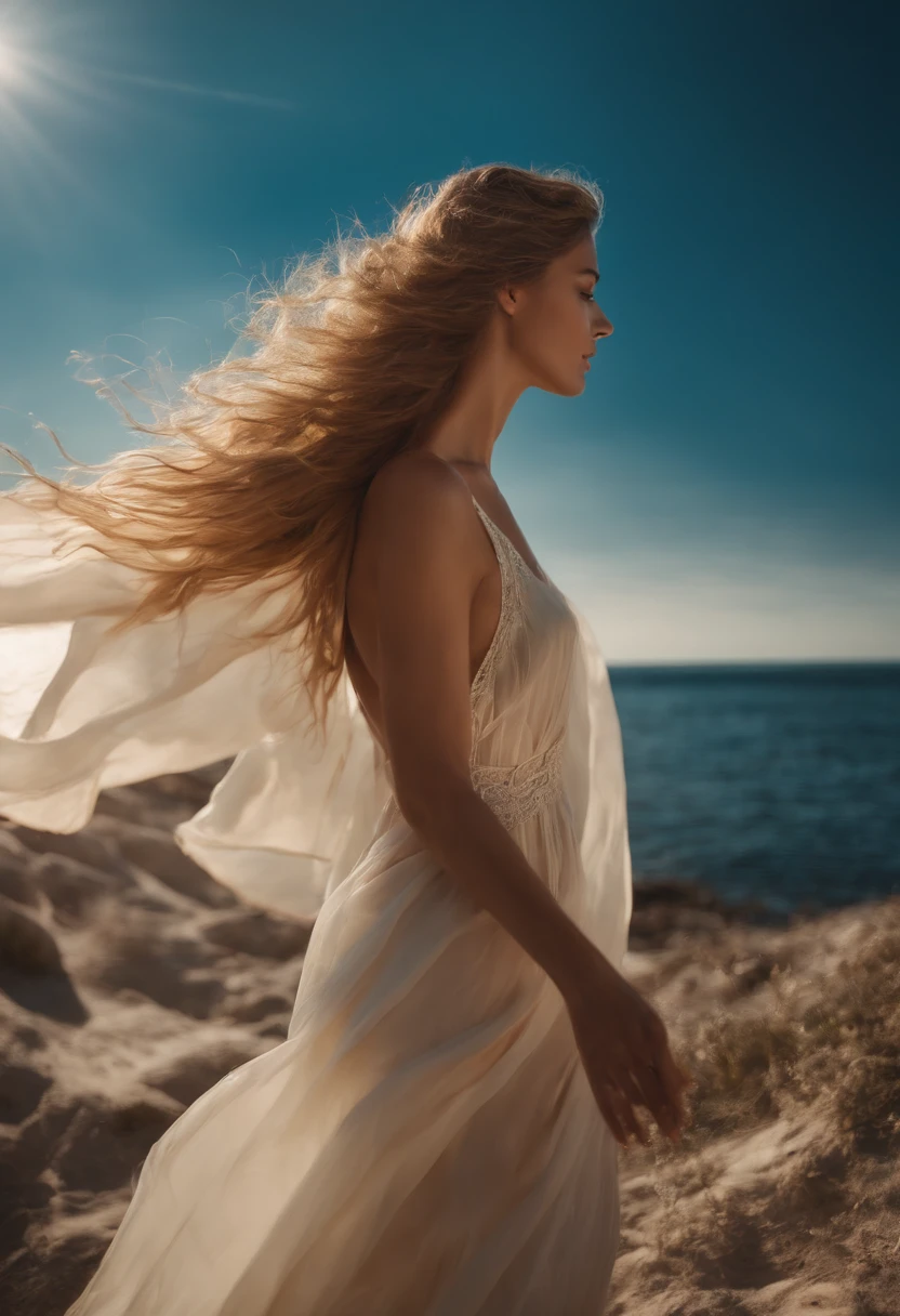 Stuart Lippincott style, the sky, awe -inspiring and quiet, fresh and soft atmosphere, amber tone, flowing, powerful and small coexistence, divine domain, awe, light and shadow, the colorful world is full of the whole sky, wearing Clamyis yarn, wearing Clamyis yarc The Greek goddess Venus exposed lightly on the sea surface of the sky, light golden and elegant long hair, exposing collarbone shoulders, barefoot, the highest quality