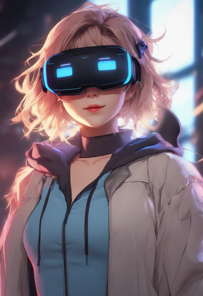 cocky anime girl wearing a pair of virtual reality glasses, head shot, smirking, high quality, 8k, 4k, detailed, neon colors