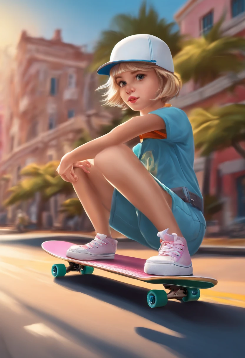 Masterpiece, best quality, (very detailed CG Unity 8k wallpaper) (best quality), (best illustration), best shadow, (a girl playing skateboarding: 1.3), ************, cute, short white hair, cap, sweet cool, shiny details of the eyes, (color flight suit), fashion shorts, (color skateboard: 1.1), pink, yellow, blue, street, rock, (highest quality, amazing details: 1.25), (Solo), brilliant and colorful paintings