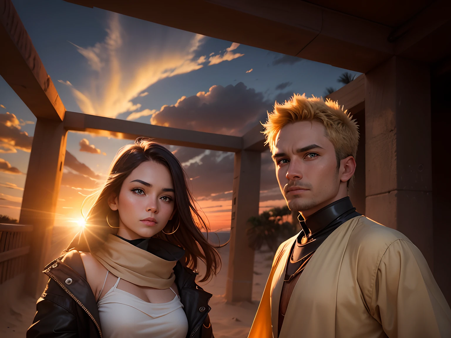 Change this face and background to a dune . Sunset professional photography