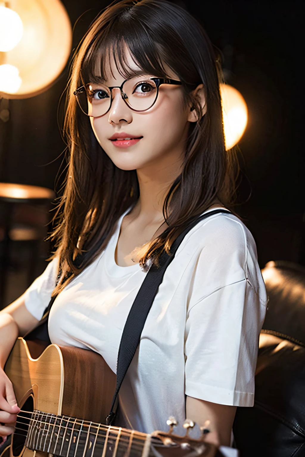 (8K、Raw photography、top-quality、masterpiece:1.2)、(realisitic、Photorealsitic:1.37)、ultra-detailliert、超A high resolution、女の子1人、see the beholder、beautifull detailed face、A smile with a little visible teeth、Constriction、(Slim waist) :1.3)、white t-shirts、Beautiful detailed skin、Skin Texture、Floating hair、((fluffy hairstyle))、well-shaped breasts、Professional Lighting Room、((Black glasses))、Whole human body、Black hair、((Shameful appearance))、Pay attention to your audience、acoustic guitar、Light makeup、evening
