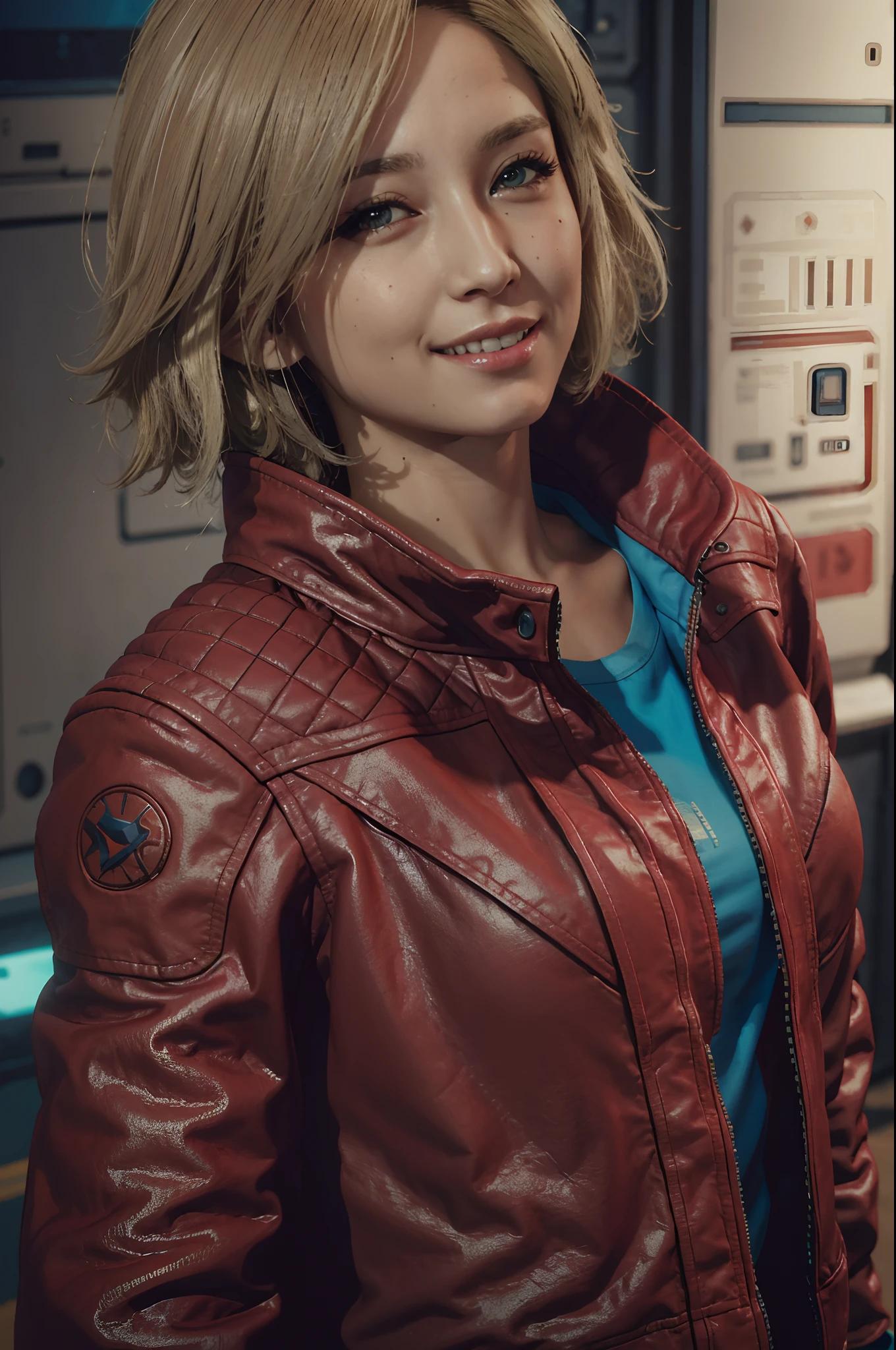 SarahStarfield, solo, realistic, jacket, leather jacket, huge breasts,blonde hair, looking at viewer, seductive grin smug,leather, upper body, shirt, short hair, red jacket, lips, brown hair, blue eyes