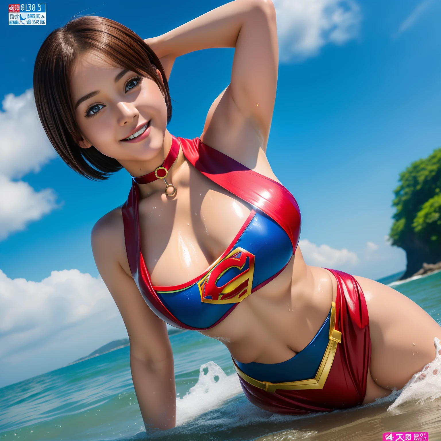 (Best Quality,4K,8K,hight resolution,masutepiece:1.2),Ultra-detailed,Realistic:1.37,Super masterpiece,Short-haired Supergirl frolicking at the water's edge、large full breasts、Looking at the camera、Glossy costume、a choker、bare-legged、MagazineCover、Cheerful pose、soaked