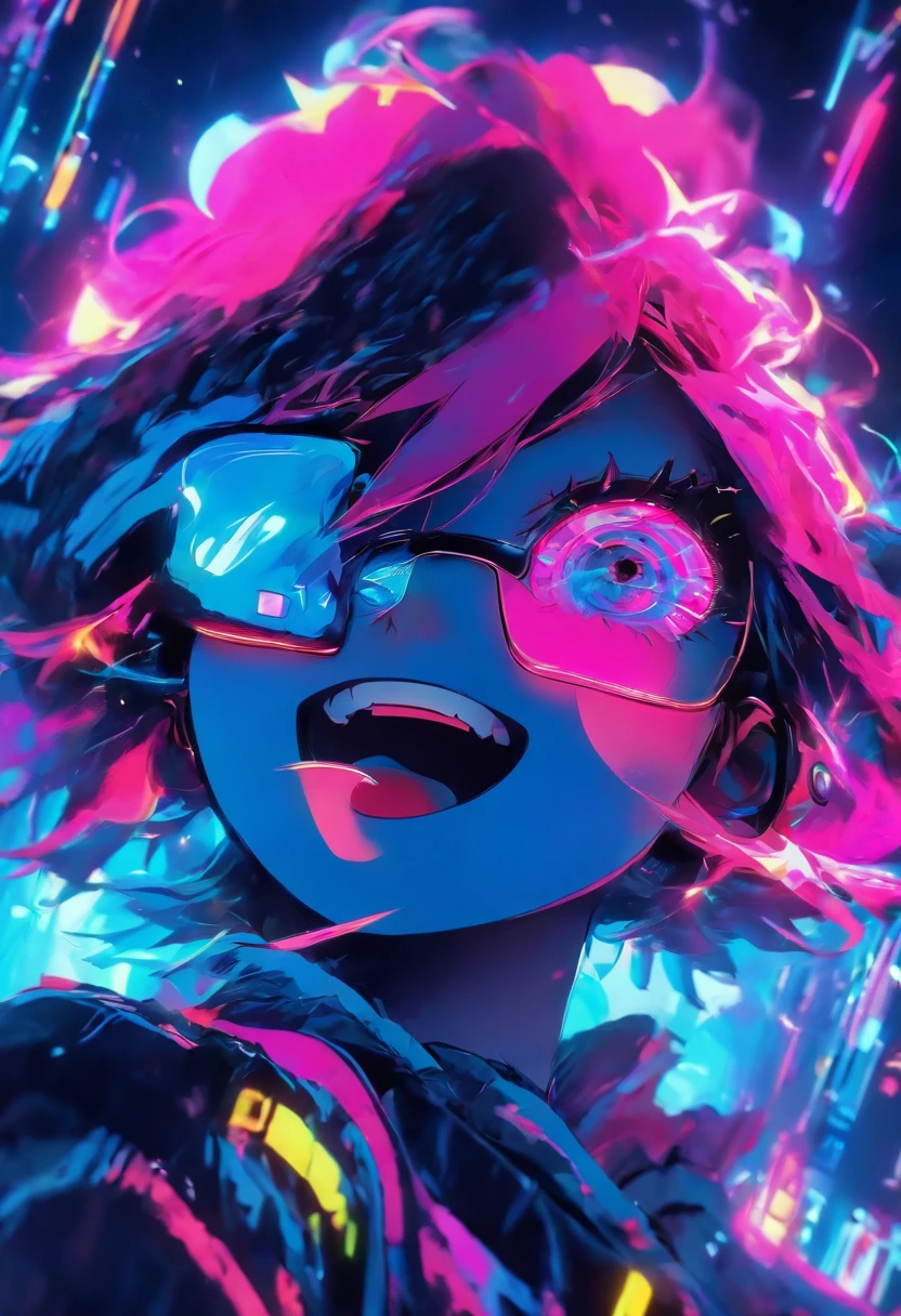 cocky anime girl wearing a pair of virtual reality glasses, head shot, smirking, high quality, 8k, 4k, detailed, neon colors