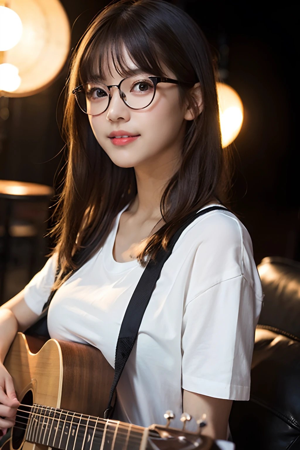 (8K、Raw photography、top-quality、masterpiece:1.2)、(realisitic、Photorealsitic:1.37)、ultra-detailliert、超A high resolution、1人、see the beholder、beautifull detailed face、A smile with a little visible teeth、Constriction、(Slim waist) :1.3)、white t-shirts、Beautiful detailed skin、Skin Texture、Floating hair、((fluffy hairstyle))、well-shaped breasts、Professional Lighting Room、((Black glasses))、Whole human body、Black hair、((Shameful appearance))、Pay attention to your audience、acoustic guitar、Light makeup、evening
