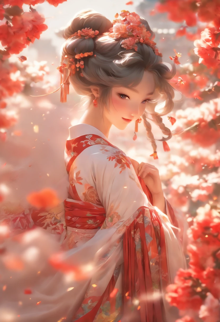 zhongfenghua, 1girll, Tik, Hanfu, Antique_China_architecture, flower  field, Floral, (White smoke:1.3) (photorealistic portrait:1.4), zentangle, mandalas, entangle, offcial art, Unity 8k壁纸, Hyper-detailing, Beautiful and beautiful, Masterpiece,best qualtiy, (dynamic angle:1.4), glistning skin, (Colorful sparks float:1) The most beautiful forms of chaos, elegant, Fauvistdesign, vivd colour, Exotic romance, Depth of field._Dance, Red flowers