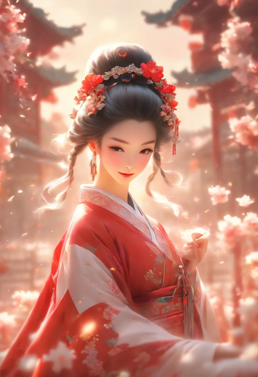 zhongfenghua, 1girll, Tik, Hanfu, Antique_China_architecture, flower field, Floral, (White smoke:1.3) (photorealistic portrait:1.4), zentangle, mandalas, entangle, offcial art, Unity 8k壁纸, Hyper-detailing, Beautiful and beautiful, Masterpiece,best qualtiy, (dynamic angle:1.4), glistning skin, (Colorful sparks float:1) The most beautiful forms of chaos, elegant, Fauvistdesign, vivd colour, Exotic romance, Depth of field._Dance, Red flowers