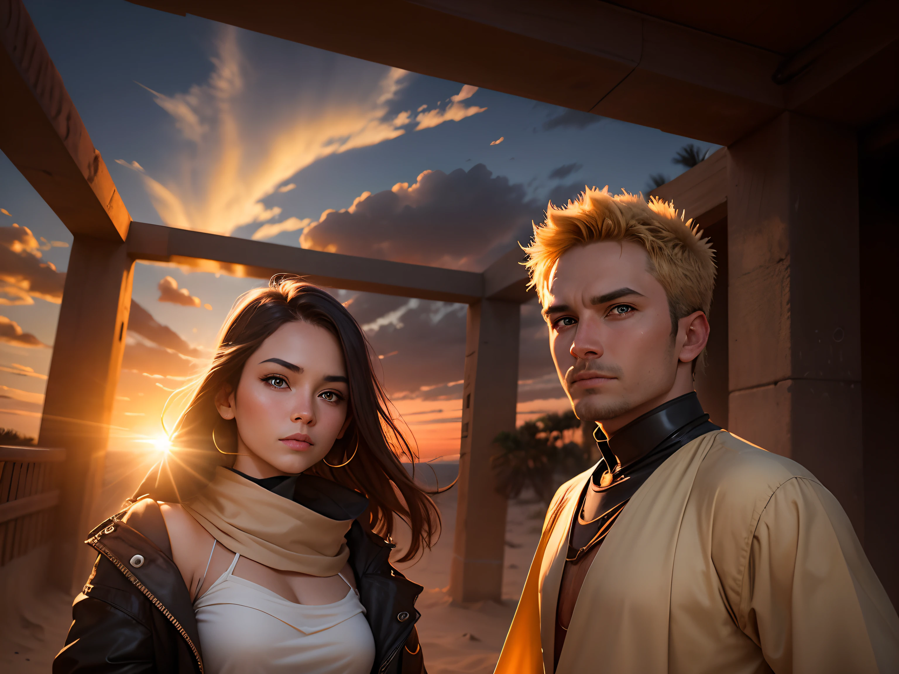 Change this face and background to a dune . Sunset professional photography