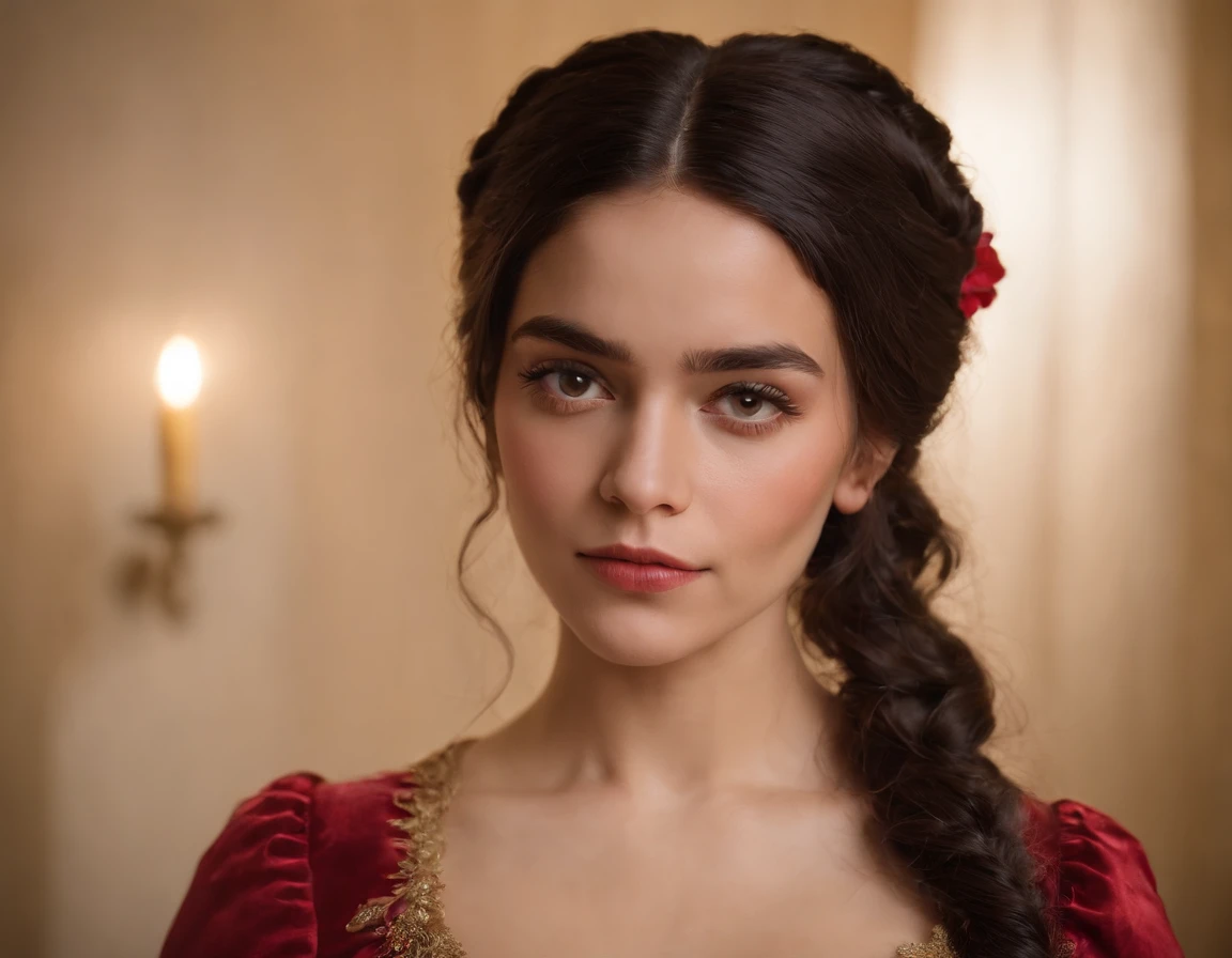 Uma jovem do Norte da Europa, 20 anos, olhos castanhos escuros, triste, cara triste, pele negra, black hair, cabelo crespo preto, delineador, nariz grosso, wearing a red 19th-century Victorian dress, quarto da era vitoriana, velas