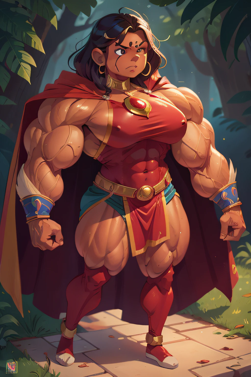 Indian muscle woman flexing muscles wearing superhero outfit with cape, muscle woman, big muscles, huge muscles, massive muscles, mature woman