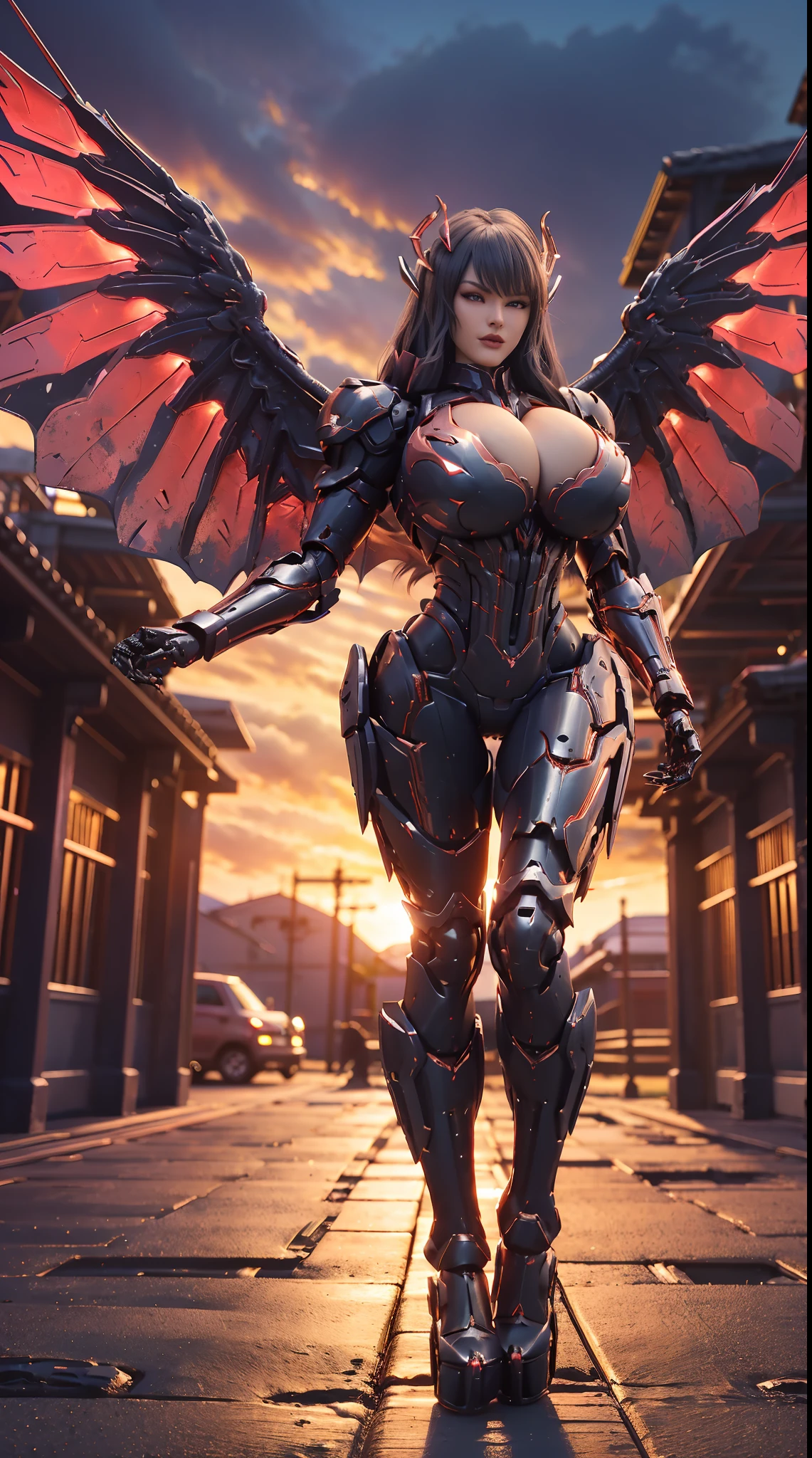 (DRAGON HEAD), HUGE FAKE BOOBS, (BEAUTIFUL FACE), (RED:1.2, BLACK:0.8, MECHA ARMORED GEAR), (((A PAIR OF HUGE MECHANICAL WINGS SPREAD OUT))), FUTURISTIC DRAGON MECHA SUIT, (CLEAVAGE), (SKINTIGHT YOGA PANTS), (HIGH HEELS), (PERFECT BODY:1.2), (FULL BODY VIEW), FRONT, (STANDING:1), SEXY MUSCULAR BODY, MUSCLE ABS, UHD, 8K, 1080P.