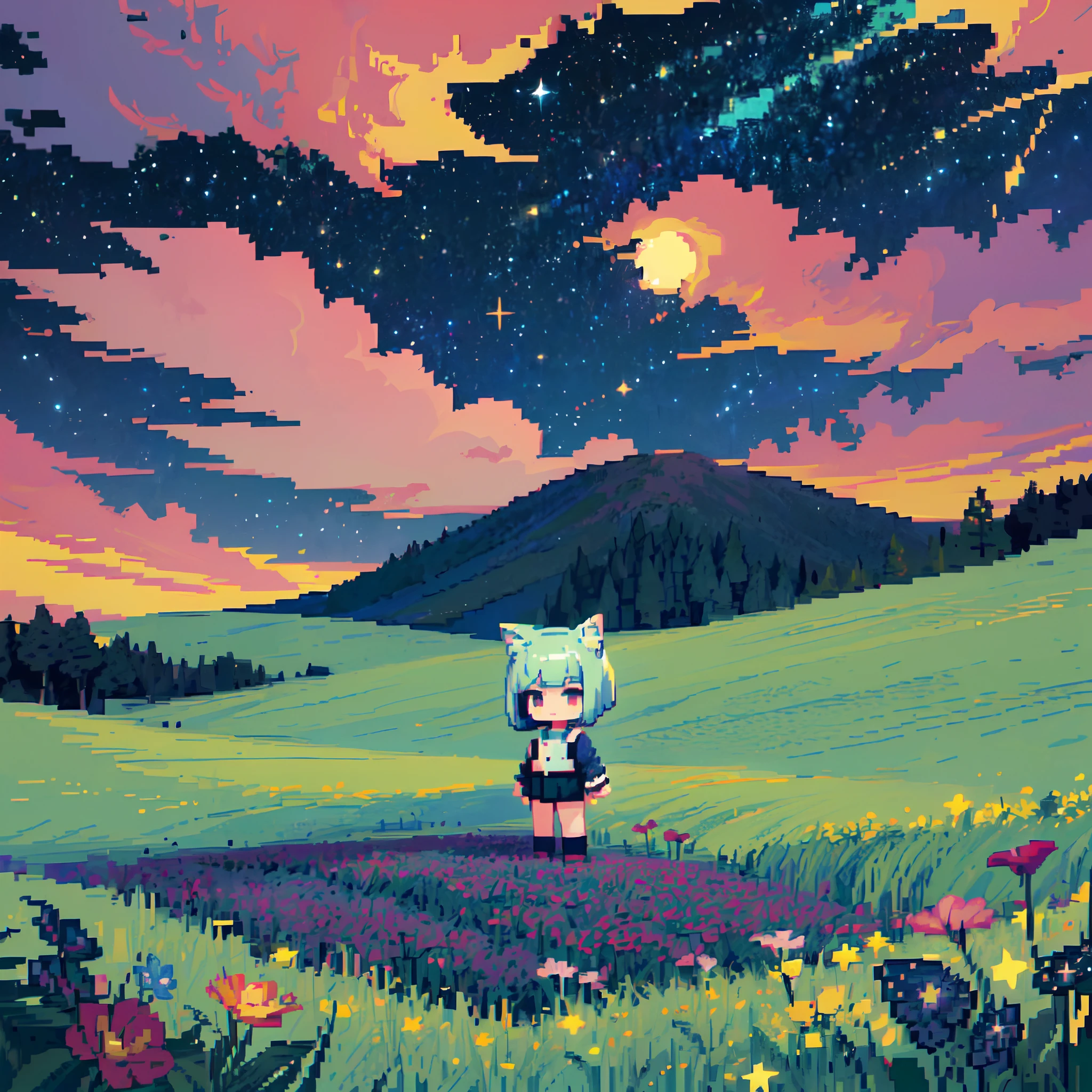 ((in the style of pixel art)), 16-bit, a wide landscape photo, (viewed from below, the ((dark starry night sky)) is above, and the open field is below), 1girl, ((nekomimi)), a distant ((child chibi catgirl)) is standing on the flower field looking upward, ((short turquoise hair in a wavy bob-cut)), pink highlights, distant mountains