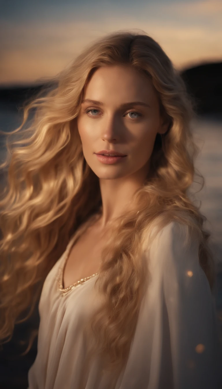 Stuart Lippincott style,Skysky,Awe-inspiring and peaceful,Fresh and soft atmosphere,amber hues,Fluid,Powerful and small coexist,God Online,in awe,Light,The multicolored clouds of the divine world filled the entire sky,The Greek goddess Venus in a clamis, naked,Light standing on the sea,Long flowing light blonde hair,Expose the collarbone shoulders,Barefoot,HighestQuali
