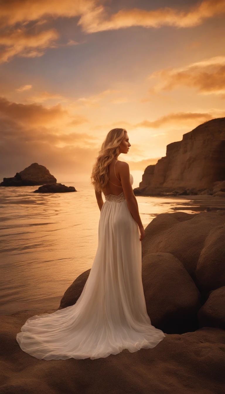 Full body shot, 1 girl beautiful, walking, on tip toes, 13 years slim, long blonde hair small swimsuit, Meer wellen Strand Sommer Sonnen untergang, UHD, masterpiece, anatomically correct, high details, highres, best quality, super detail, 8k