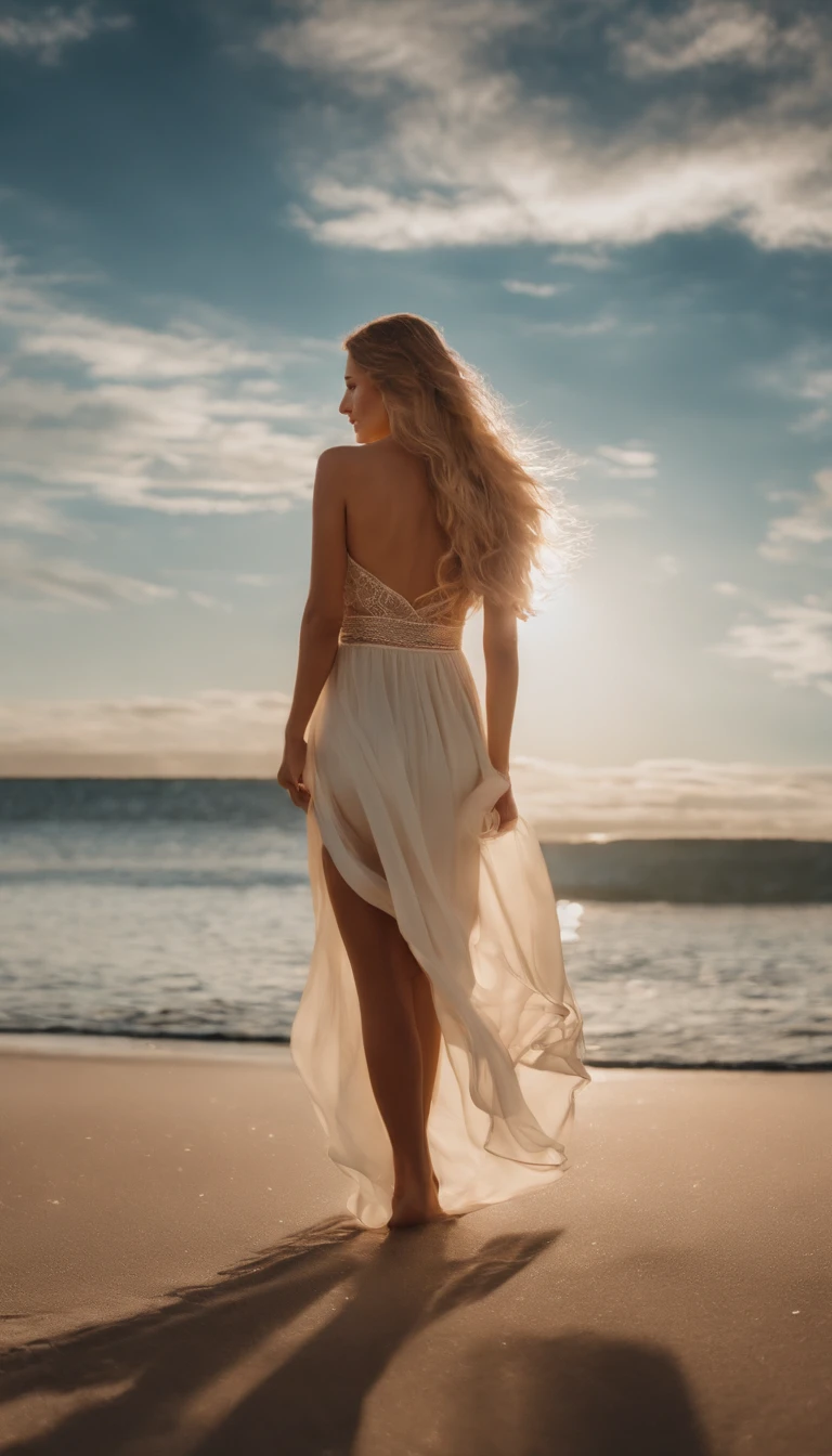 Stuart Lippincott style，Skysky，Awe-inspiring and peaceful，Fresh and soft atmosphere，amber hues，Fluid，Powerful and small coexist，God Online，in awe，Light，The multicolored clouds of the divine world filled the entire sky，The Greek goddess Venus in a clamis, naked,Light standing on the sea，Long flowing light blonde hair，Expose the collarbone shoulders，Barefoot，HighestQuali