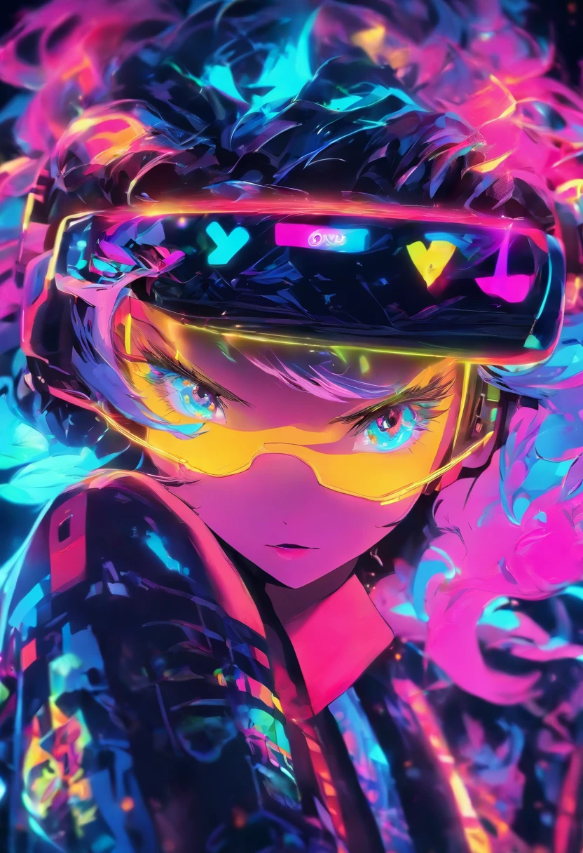cocky anime girl wearing a pair of virtual reality glasses, head shot, smirking, high quality, 8k, 4k, detailed, neon colors