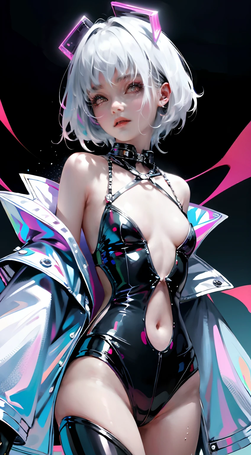 (tmasterpiece,top Quority,best qualtiy),1girll,full bodyesbian,cyber punk perssonage,flatchest,(Upper body bikini),hot pant,(with short white hair),