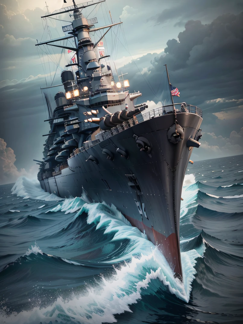 Portrait of a battleship、high quality photograph、hight resolution、Photorealsitic、ultra detailed photographic、Ultra detailed textures、1 Large battleships、Iowa Class、turrets、Double-barrel、Missile launch、Ships sailing in the vast ocean、Big ocean waves、bad weather、dark sky、Wooded island in the background、Very heavy rain、Depiction from the side of the ship、battleship