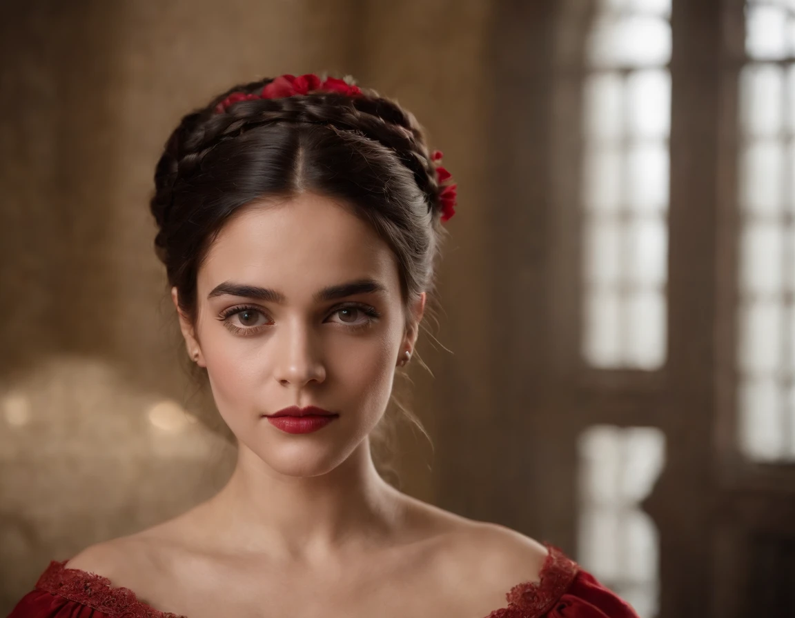 Uma jovem negra, 20 anos, olhos castanhos escuros, triste, cara triste, pele negra, cabelos pretos, cabelo crespo preto, delineador, nariz grosso, wearing a red 19th-century Victorian dress, quarto da era vitoriana, Velas