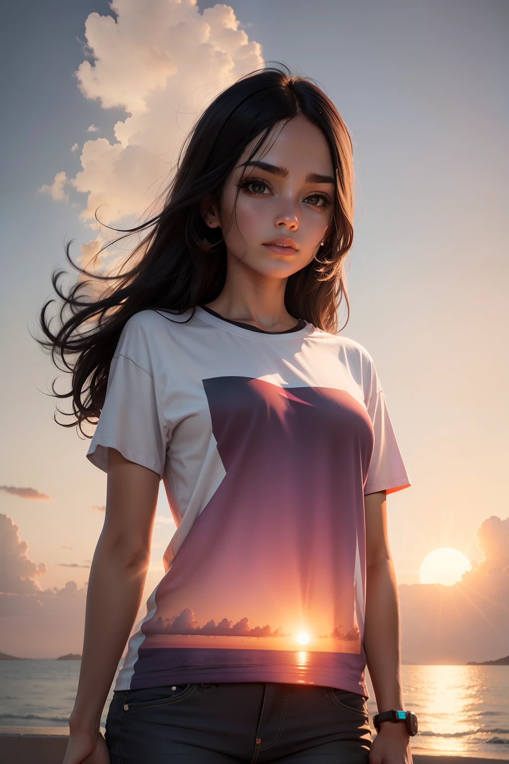 "Design a sweeping futuristic sunset for a unisex T-shirt print that drives sales!”