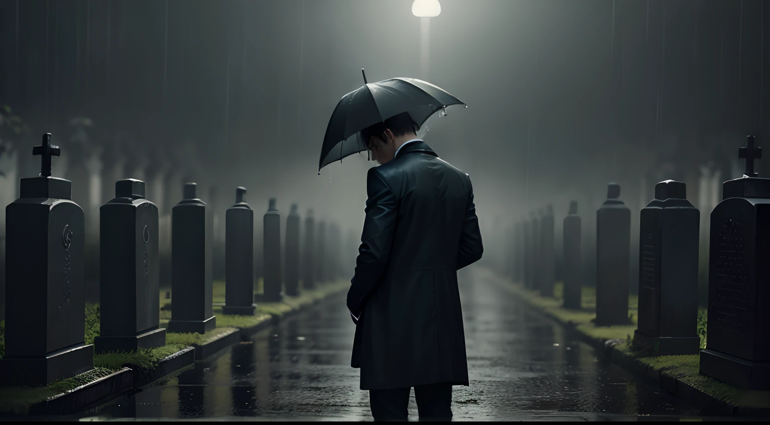 fotorrealista, melhor qualidade, obra-prima, Mourning man in rainy cemetery, - Dark Theme Spirit