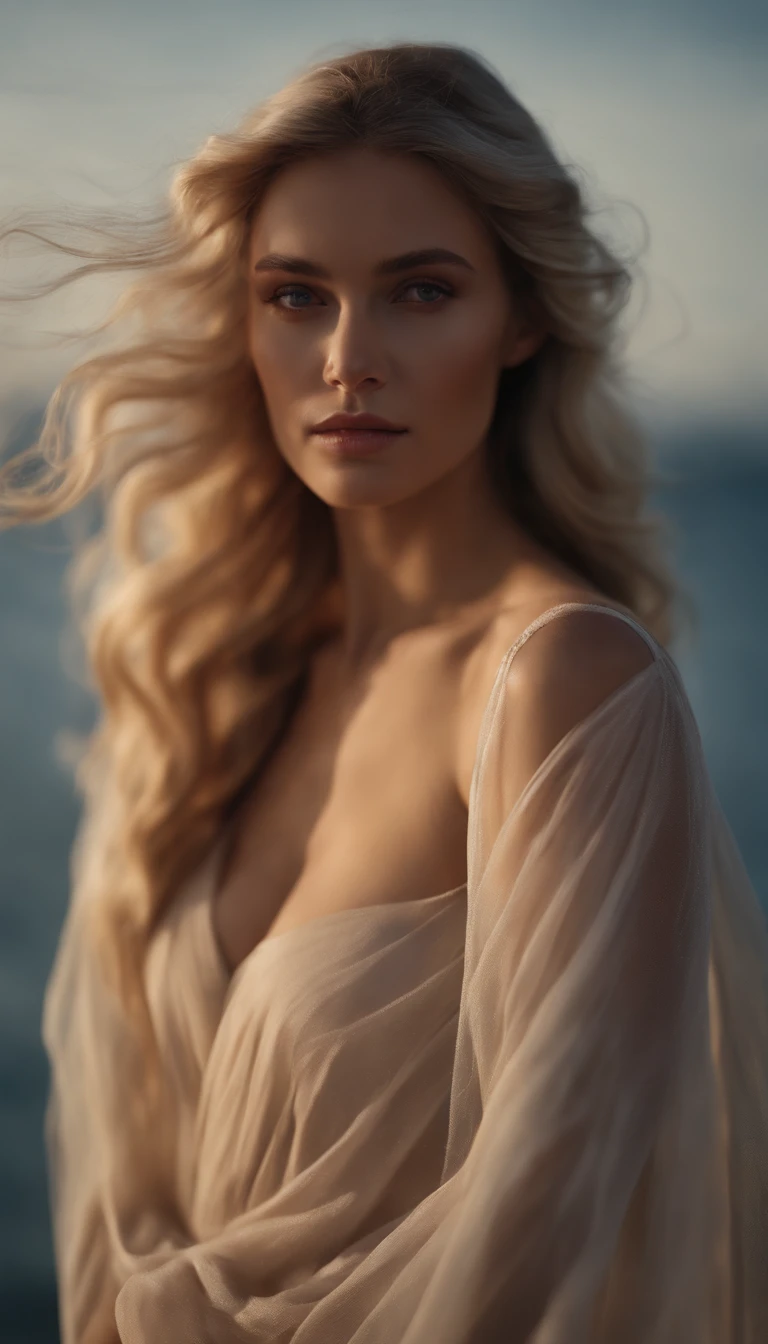 Description of ancient Greek mythology，Colorful clouds fill the entire sky，Venus, the Greek goddess dressed in Kramis beige veil, stands naked and light on the skyline sea，Long flowing light blonde hair，Expose the collarbone shoulders，Barefoot，Perfect and exquisite facial features，The sea is misty，Ultra high quality，Highly realistic，8K分辨率，full body shot shot，，natural soft light，It's like a Victorian oil painting，high detal，